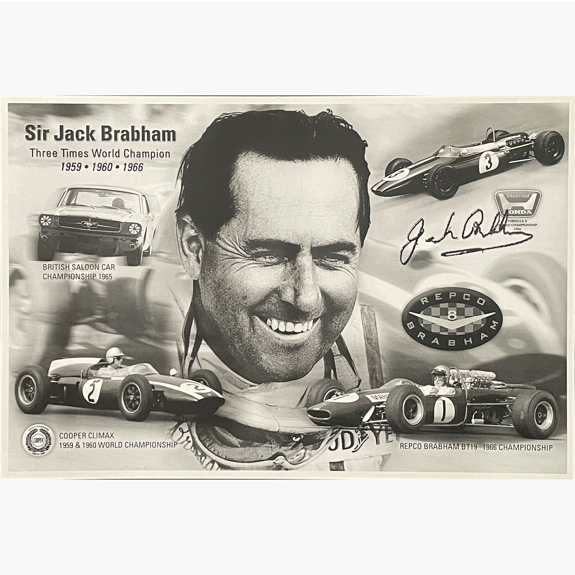 Sir Jack Brabham - Signed 21cm x 14cm Black & White Photo