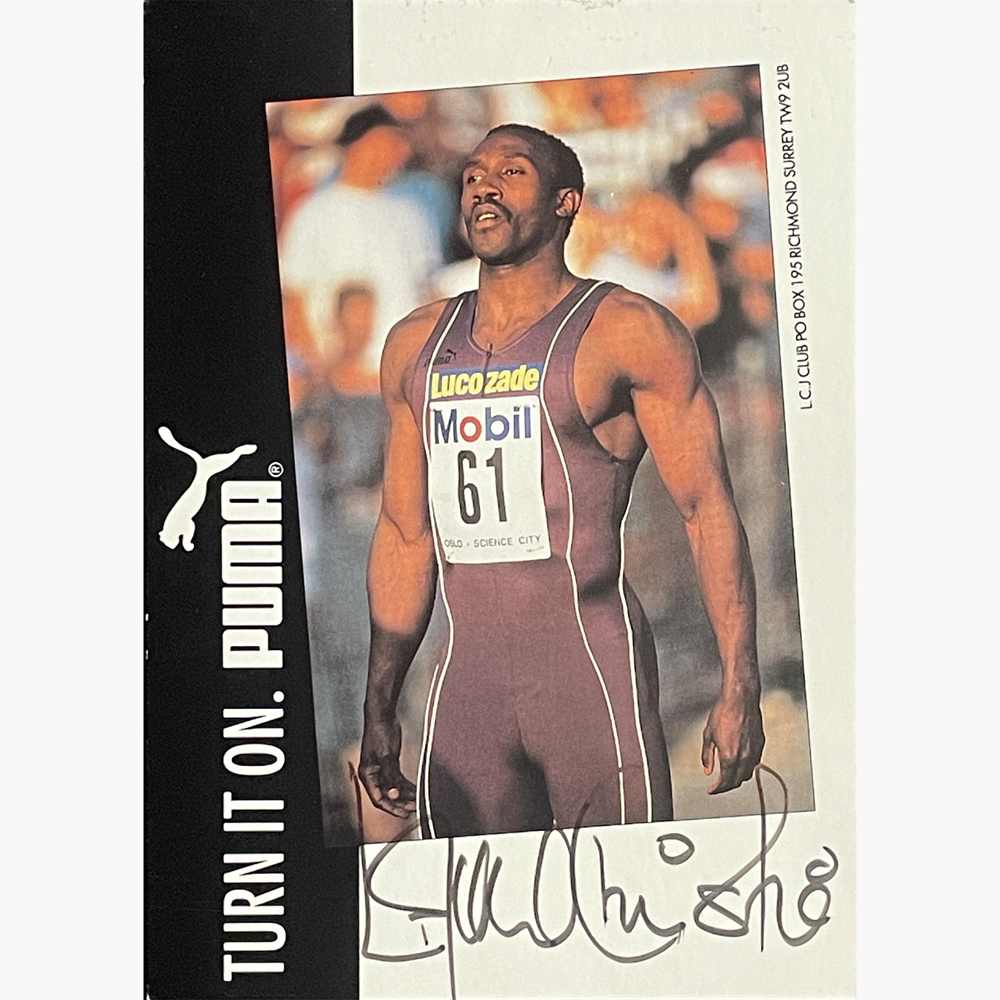 Linford Christie – Signed 14cm x 10cm Official Puma Sponsor Card