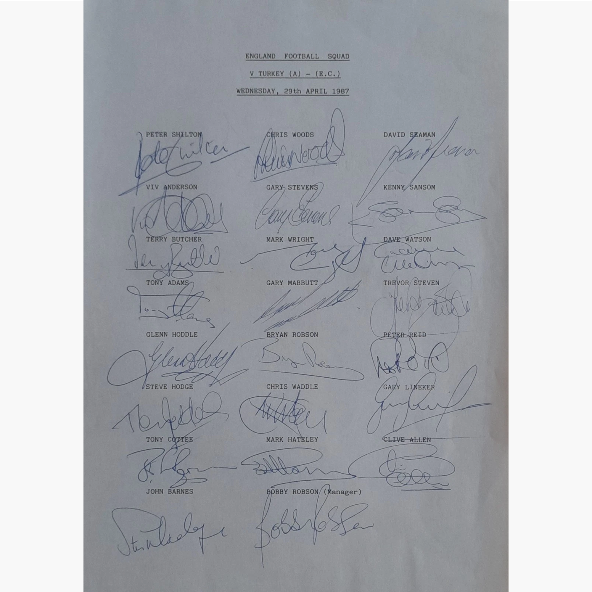 England 1987 Squad Hand-Signed A4 Sheet – 23 Players + Manager