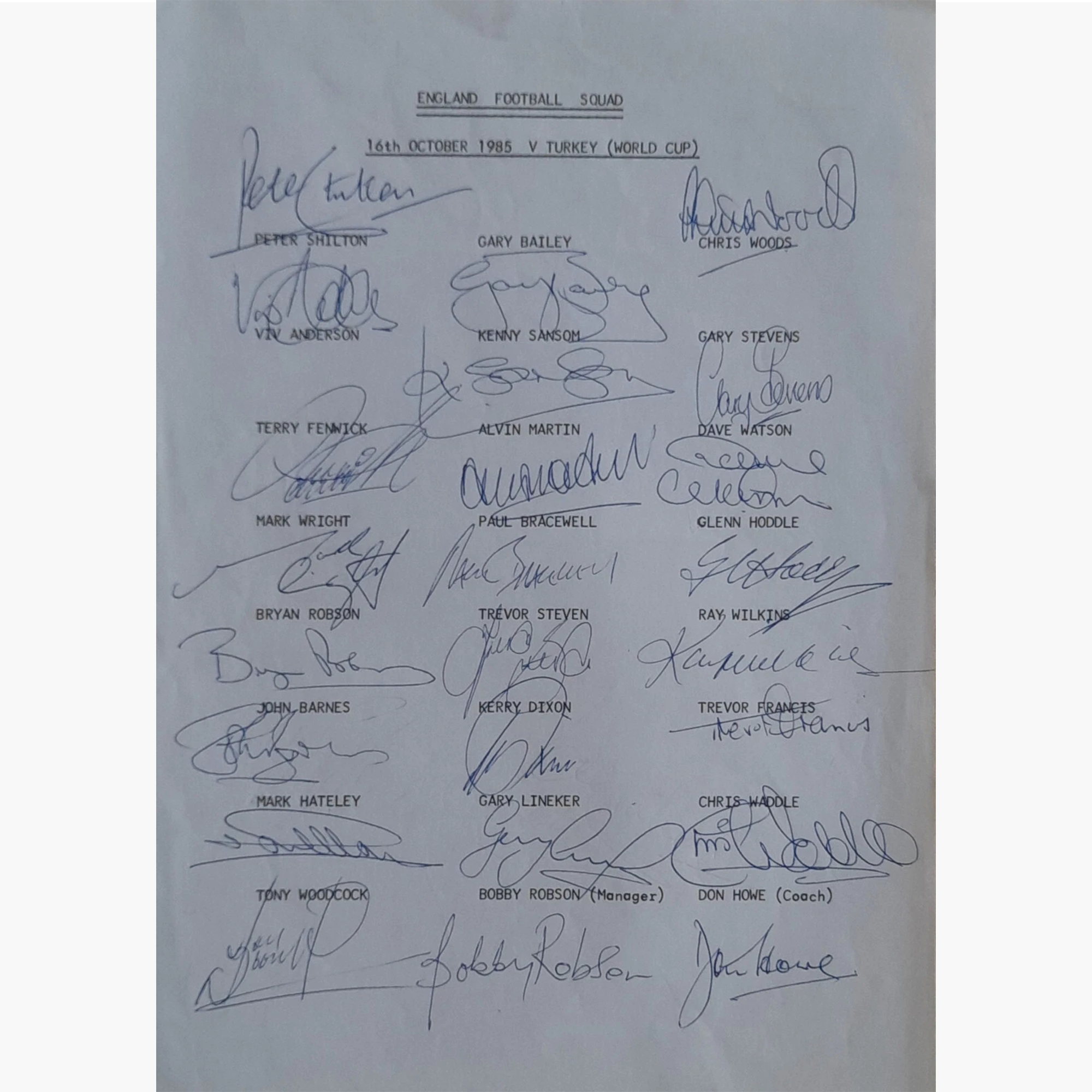 England 1985 Squad Hand-Signed A4 Sheet – 24 Players, Manager & Coach
