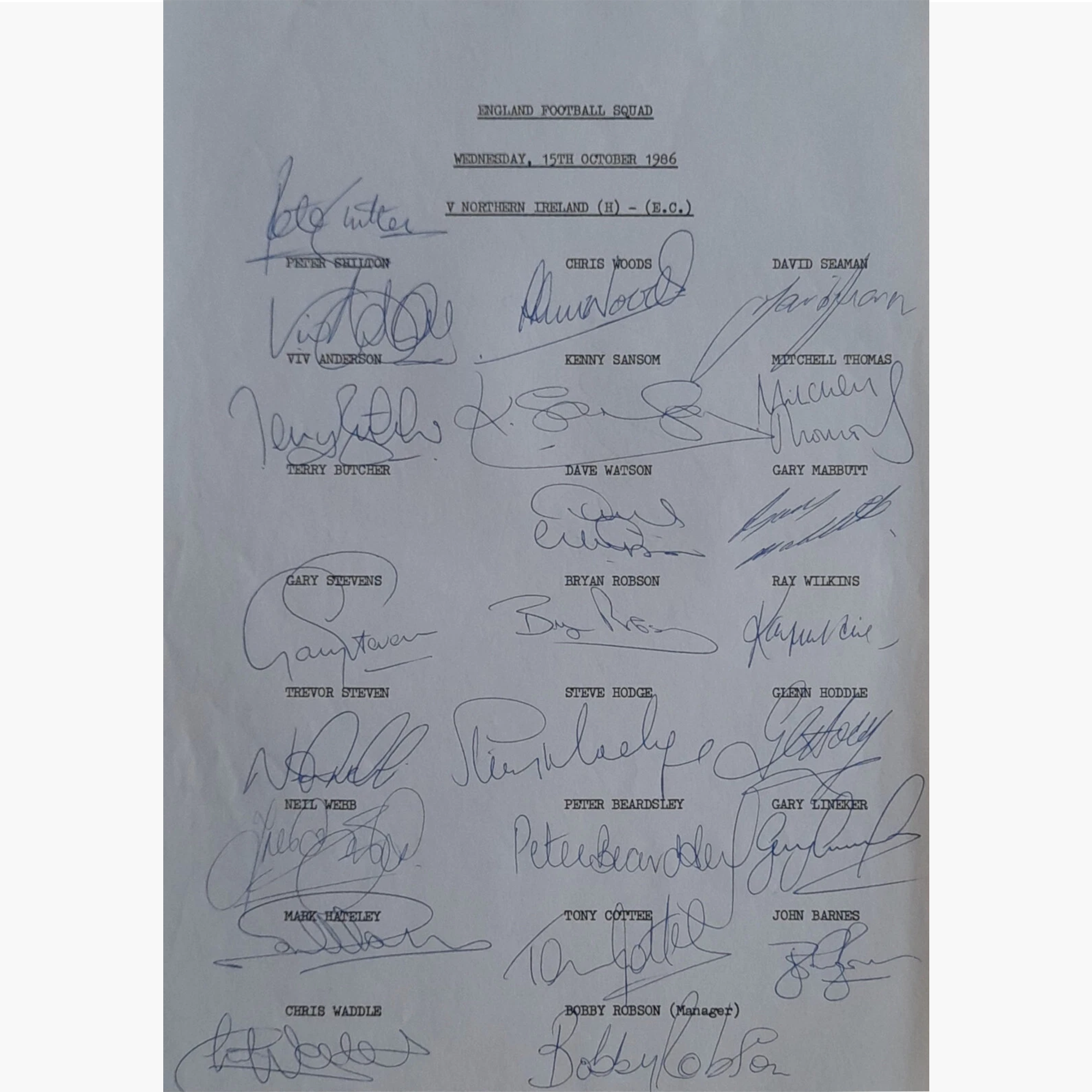 England 1986 Squad Hand-Signed A4 Sheet – 23 Players + Manager