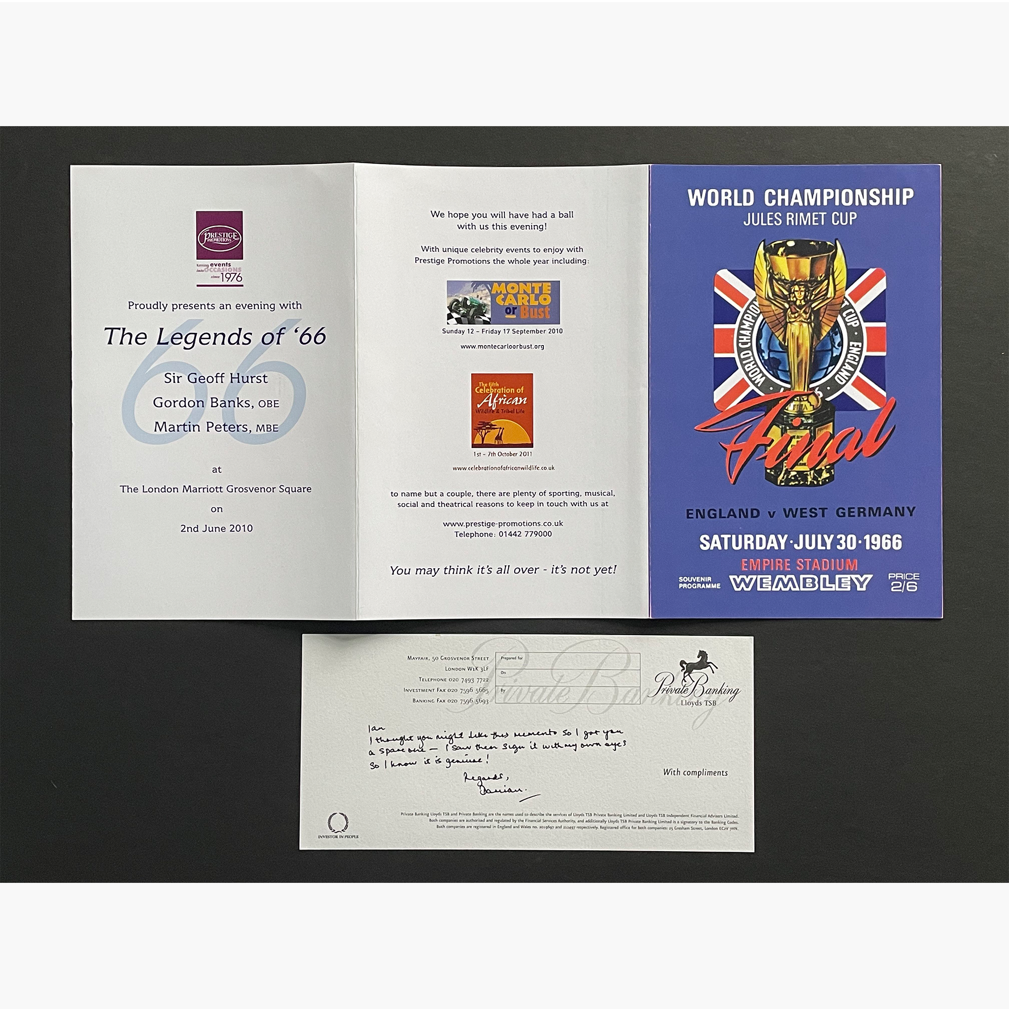 England 1966 Legends – Signed Event Menu (Banks, Hurst, Peters)