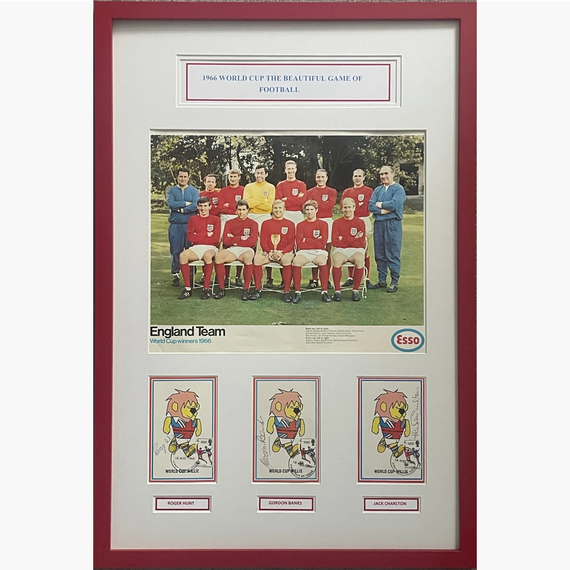 England 1966 World Cup Winners – Signed & Framed Esso Poster with 3 x World Cup Willie Cameo Stamp FDCs