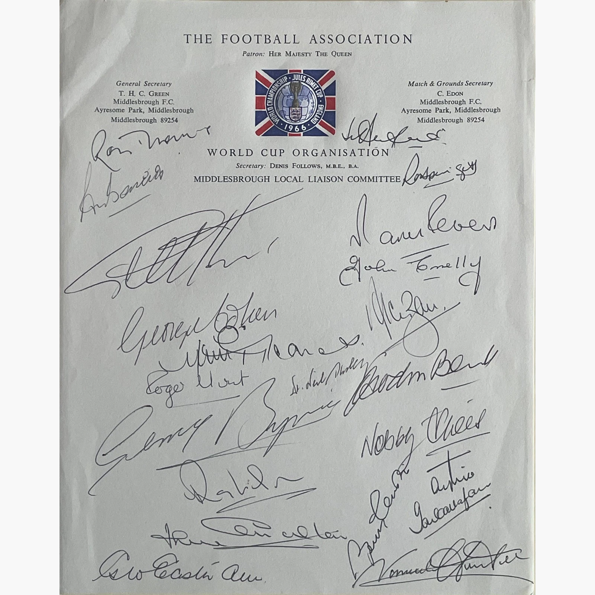 England 1966 World Cup Signed Official Letterhead – 22 Signatures Including Charlton, Armfield & Banks
