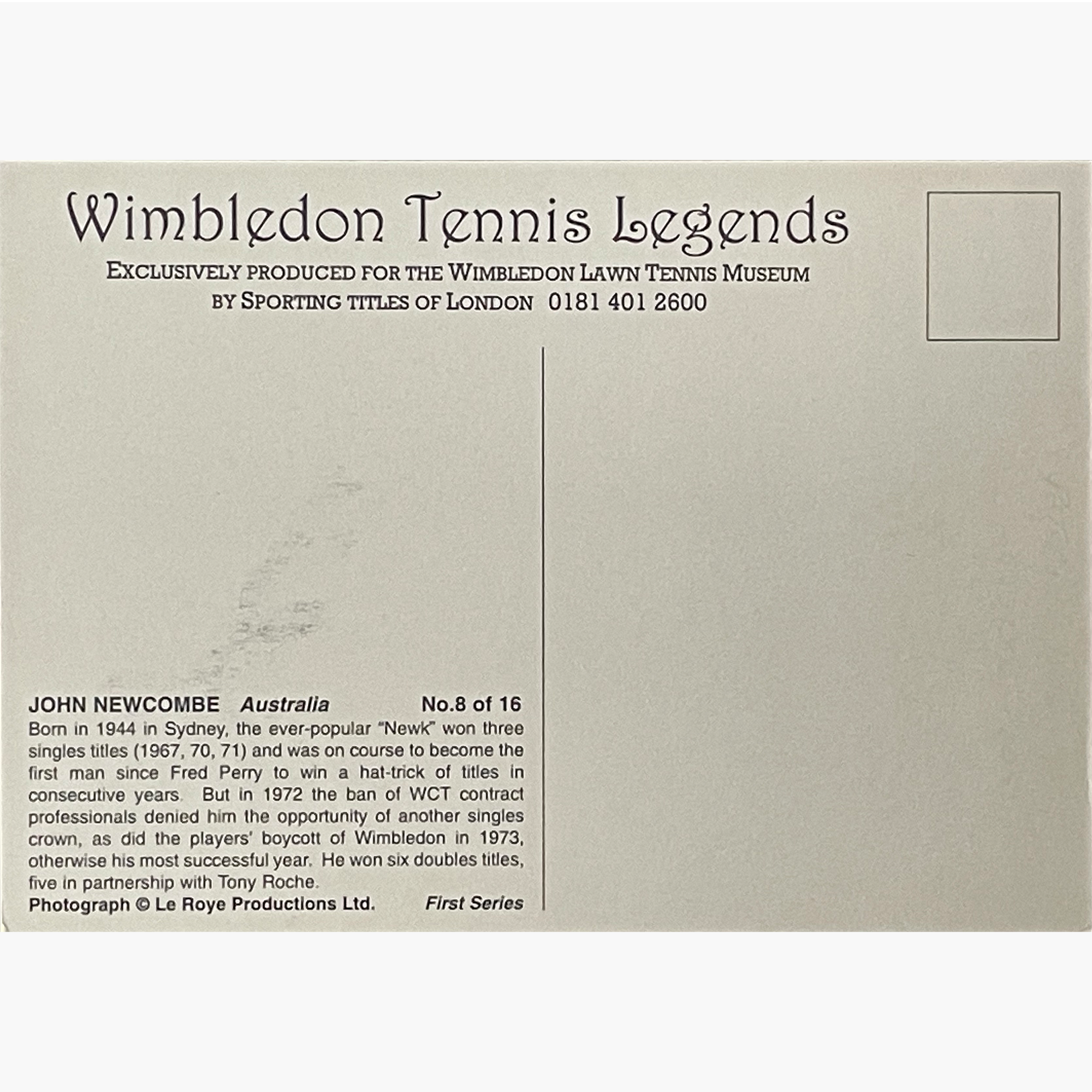 John Newcombe - Signed 15cm x 10.6cm Official Wimbledon Postcard