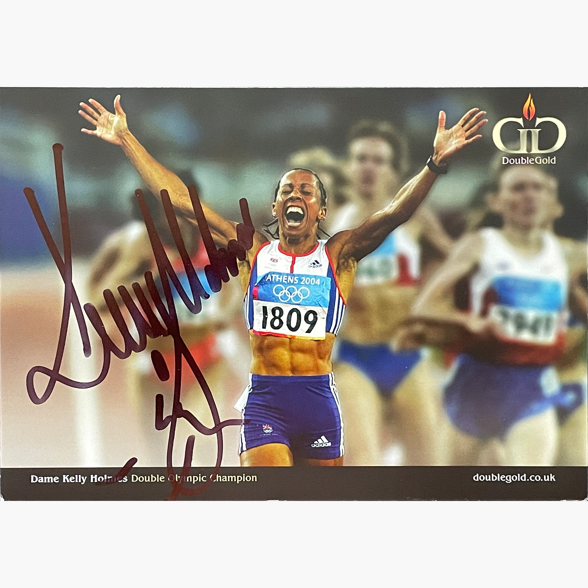 Kelly Holmes – Signed 21cm x 14.8cm Official 'Double Gold' Sponsor Card