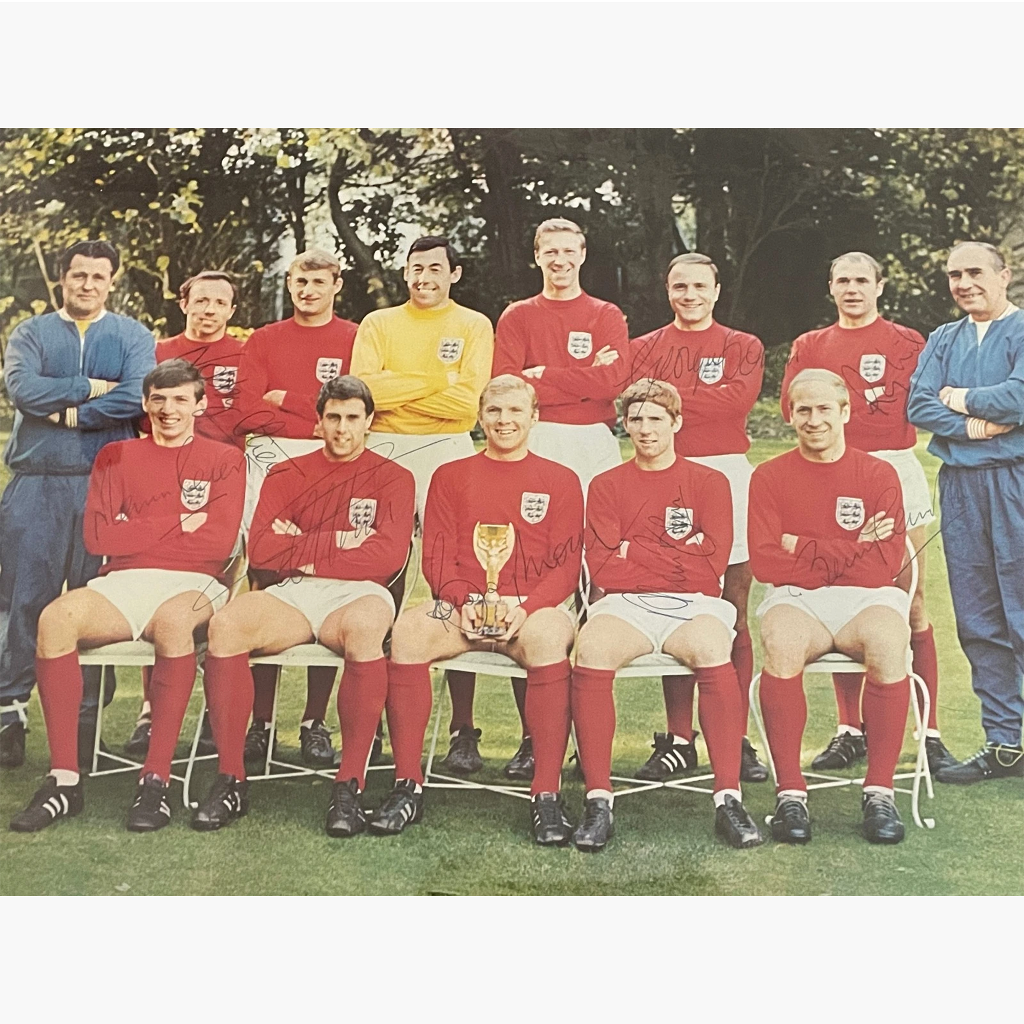 England 1966 World Cup Winners – Signed & Framed Esso Poster with 3 x World Cup Willie Cameo Stamp FDCs