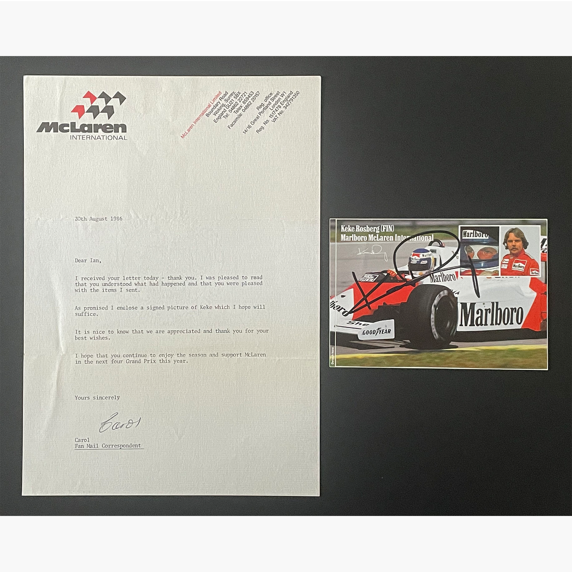 Keke Rosberg – Signed 15.5cm x 10.7cm Official McLaren Postcard