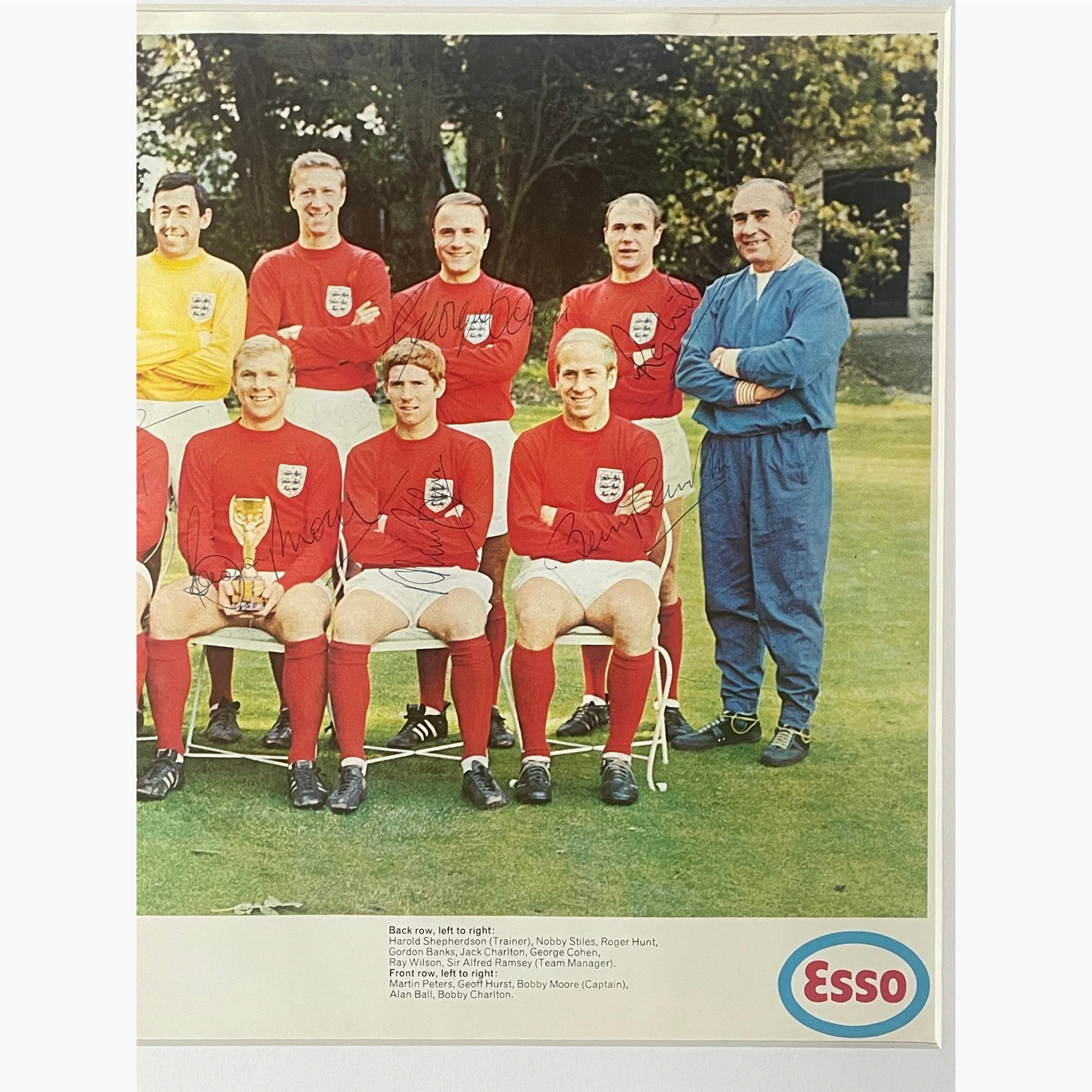 England 1966 World Cup Winners – Signed & Framed Esso Poster with 3 x World Cup Willie Cameo Stamp FDCs