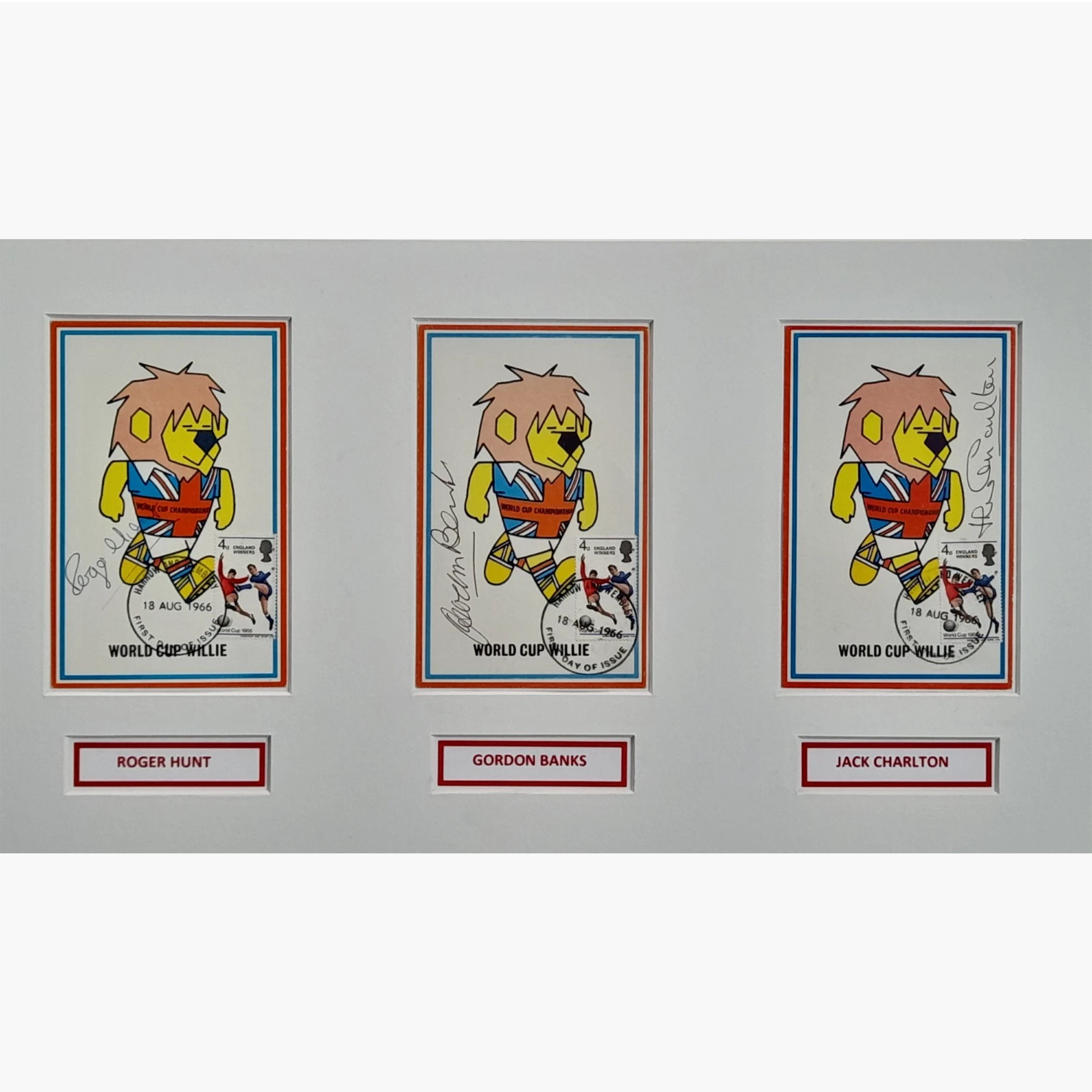 England 1966 World Cup Winners – Signed & Framed Esso Poster with 3 x World Cup Willie Cameo Stamp FDCs