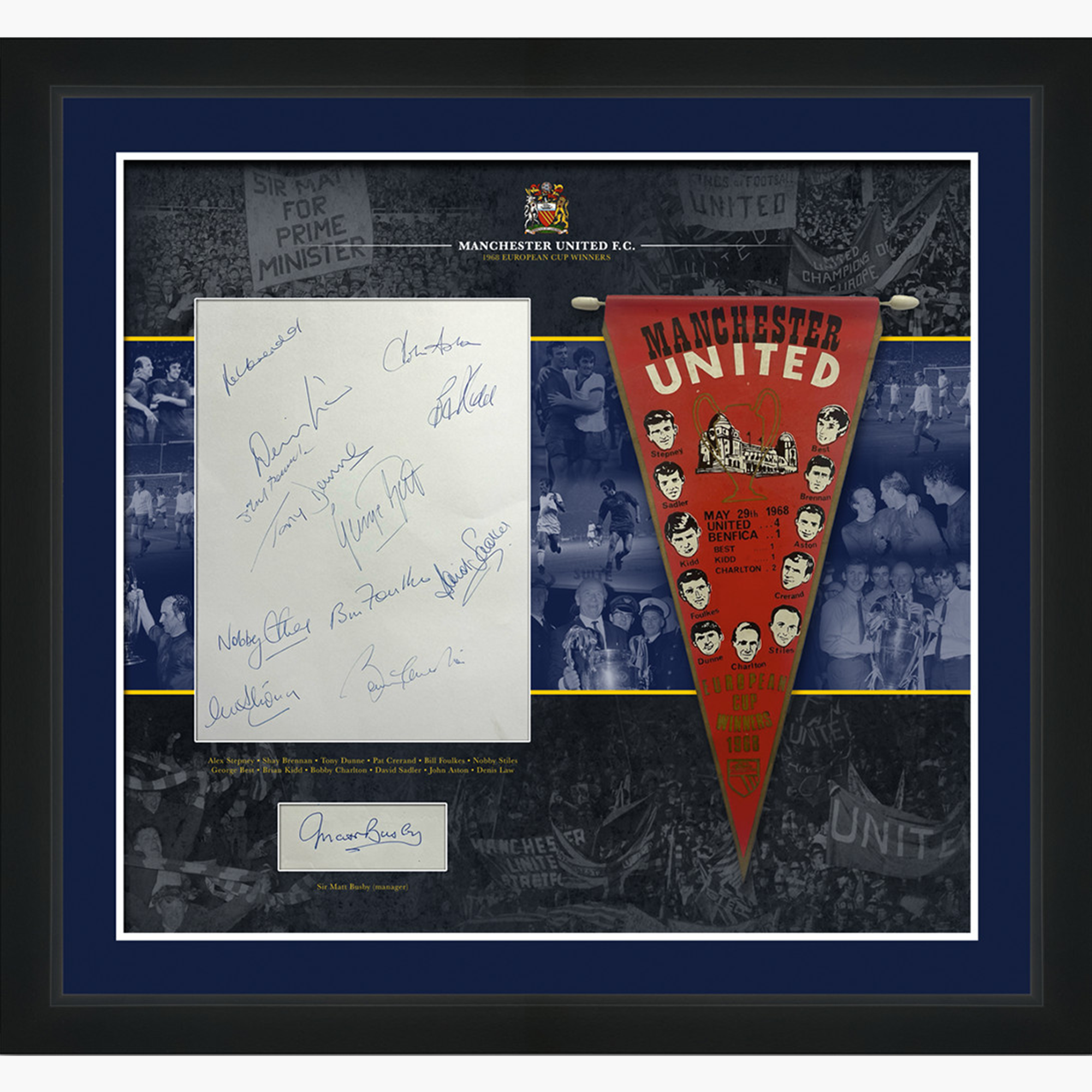 Manchester United 1968 Signed Display – European Cup Team Sheet, Pennant & Sir Matt Busby
