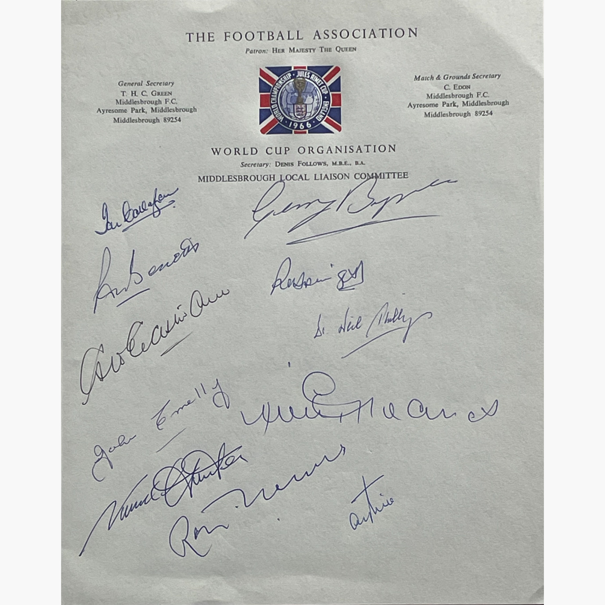 1966 England Squad Signed FA Letterhead – 11 Signatures on Embossed World Cup Paper