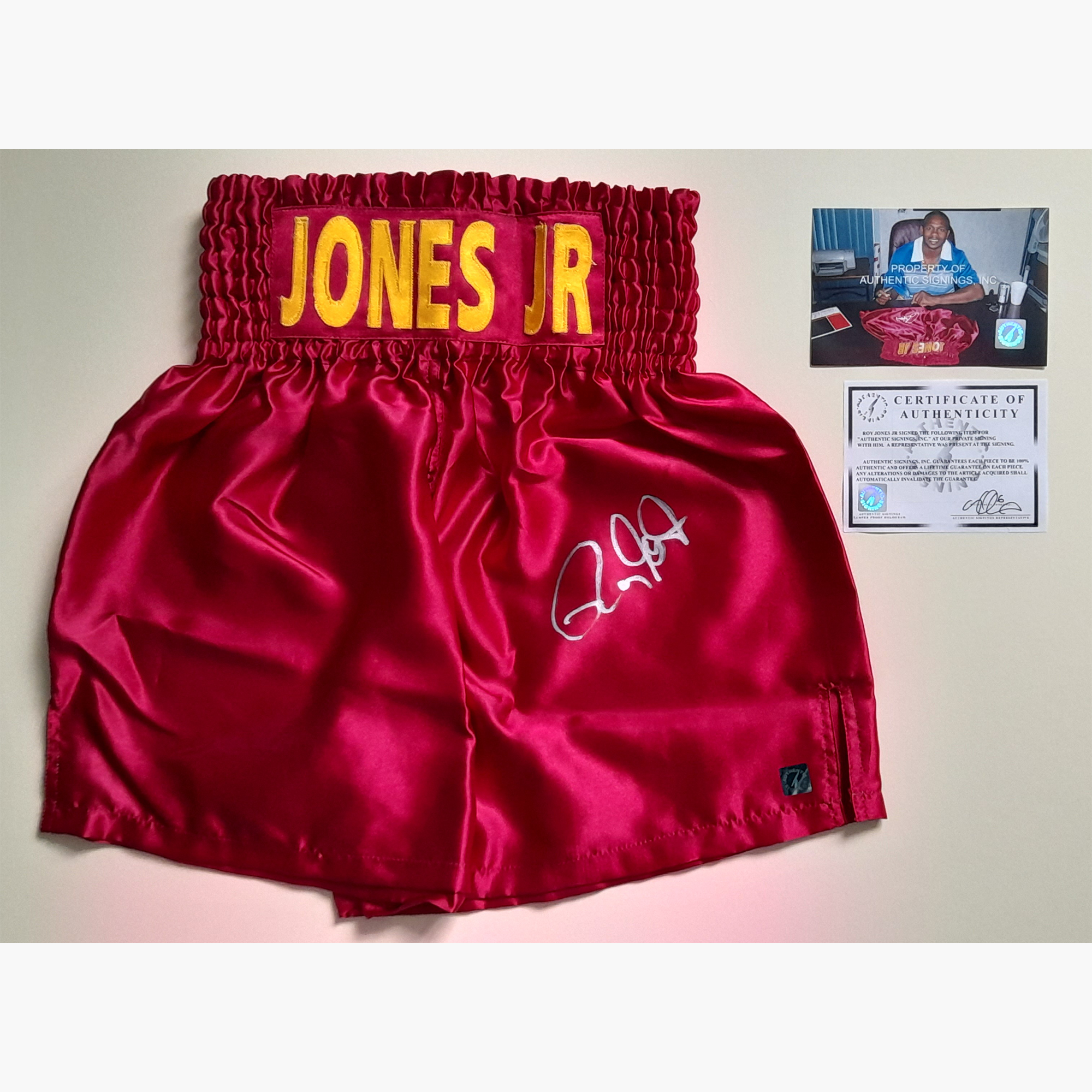 Roy Jones Jr. Signed Boxing Trunks – Red Satin with Silver Autograph