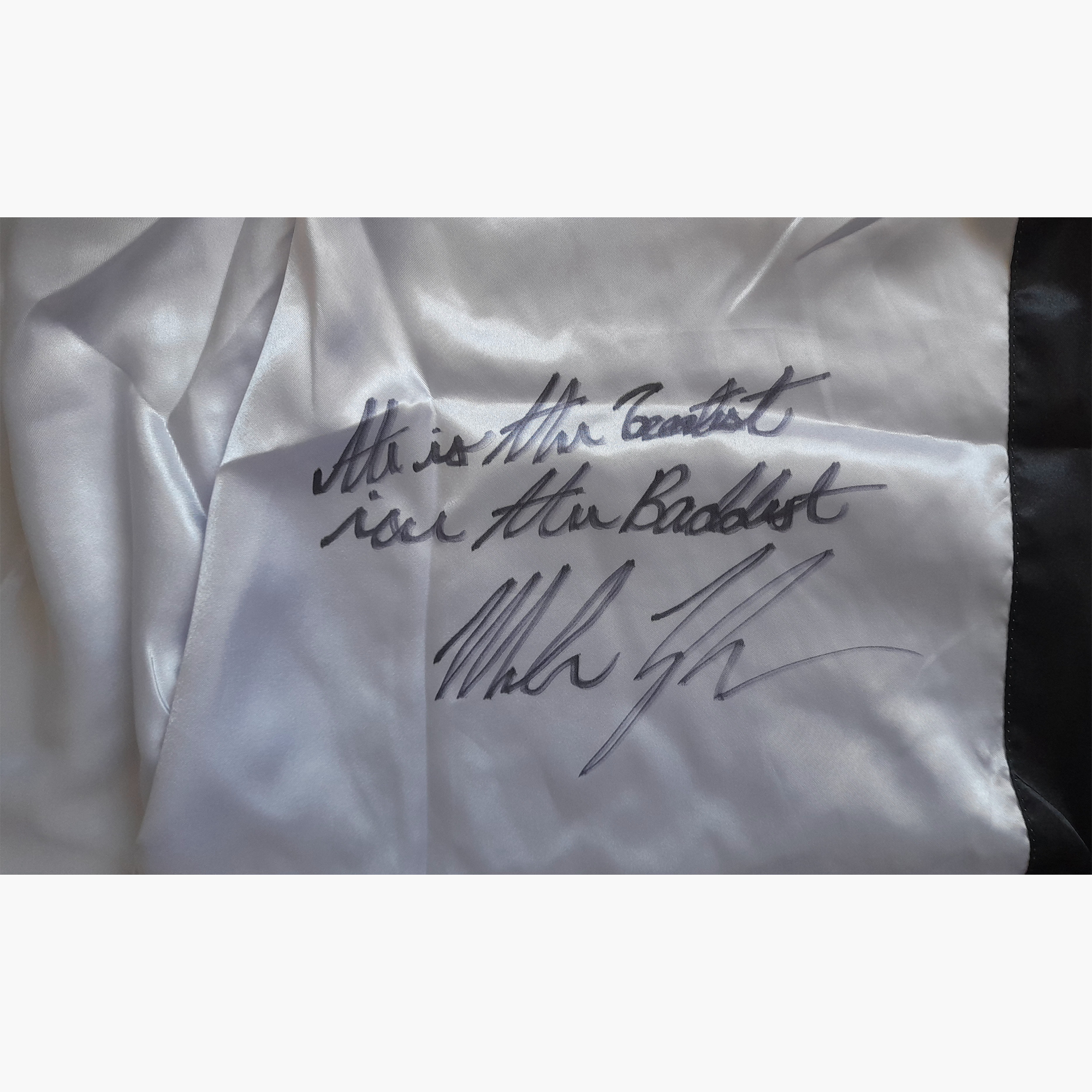 Mike Tyson Signed Boxing Trunks – “Ali is the Greatest, I’m the Baddest” Inscription