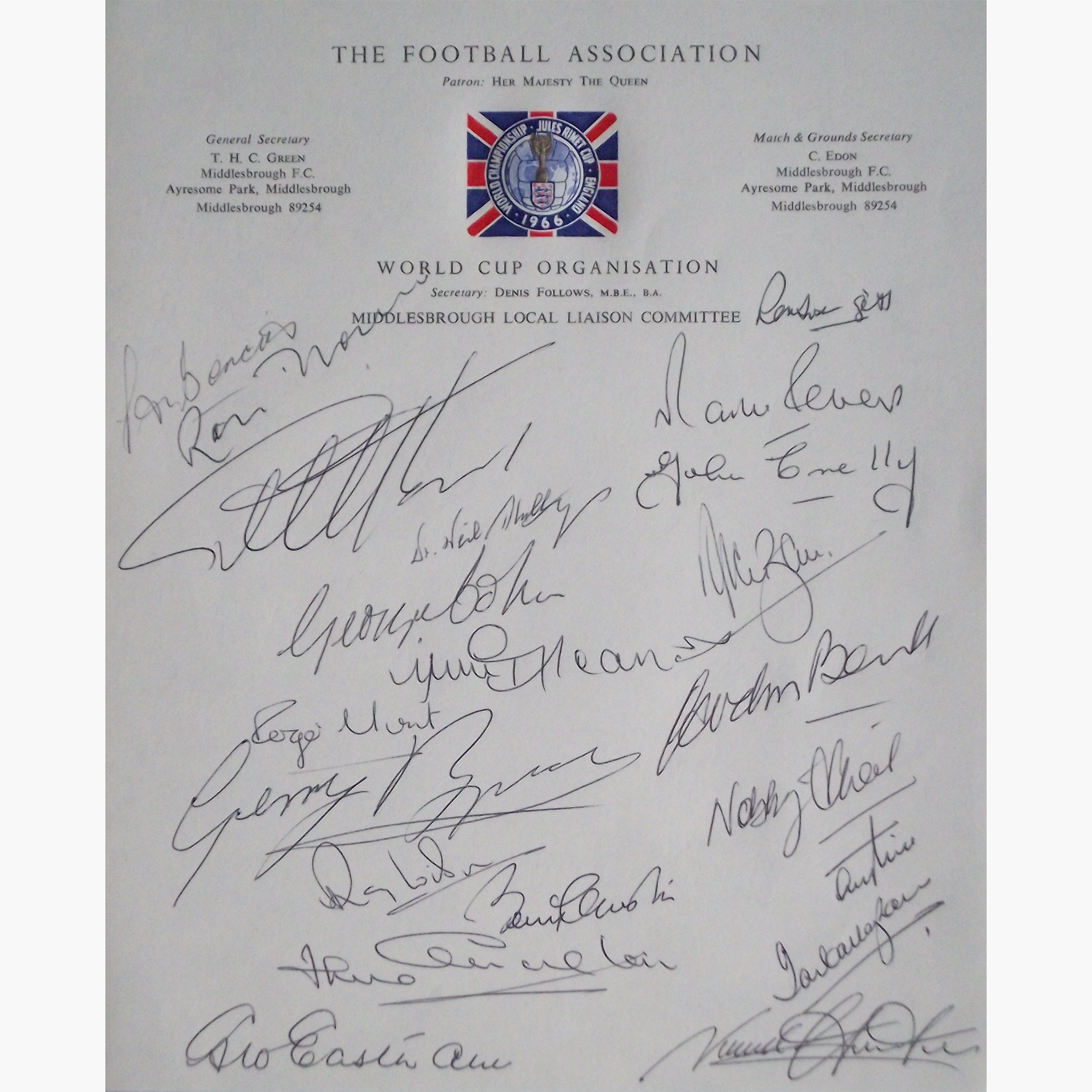 England 1966 World Cup Signed Official Letterhead – 21 Signatures Including Charlton, Hurst & Banks