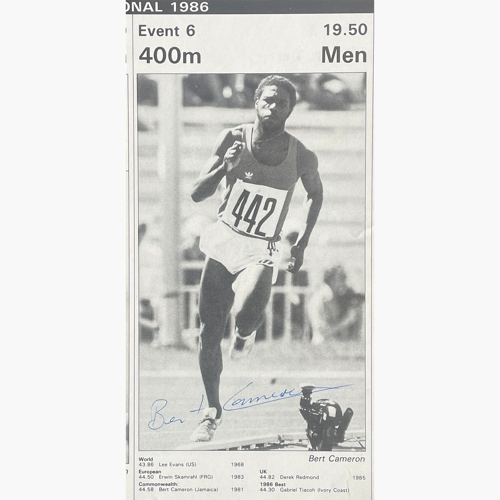 Bert Cameron – Signed 20cm x 10cm Black & White Action Magazine Picture