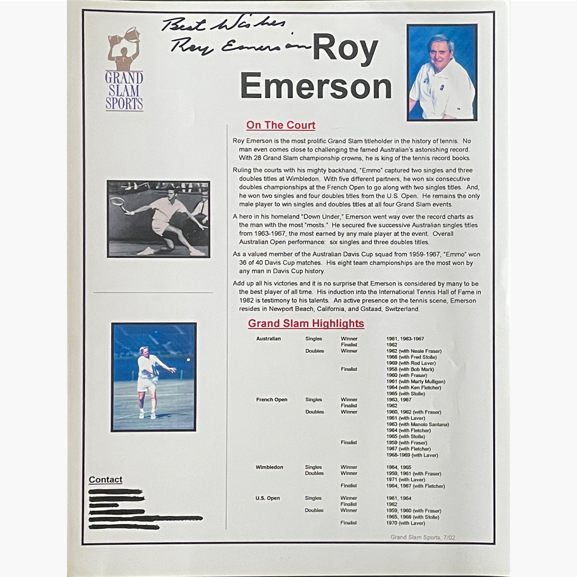 Roy Emerson - Signed 28.3cm x 21.7cm Glossy Fact File Page