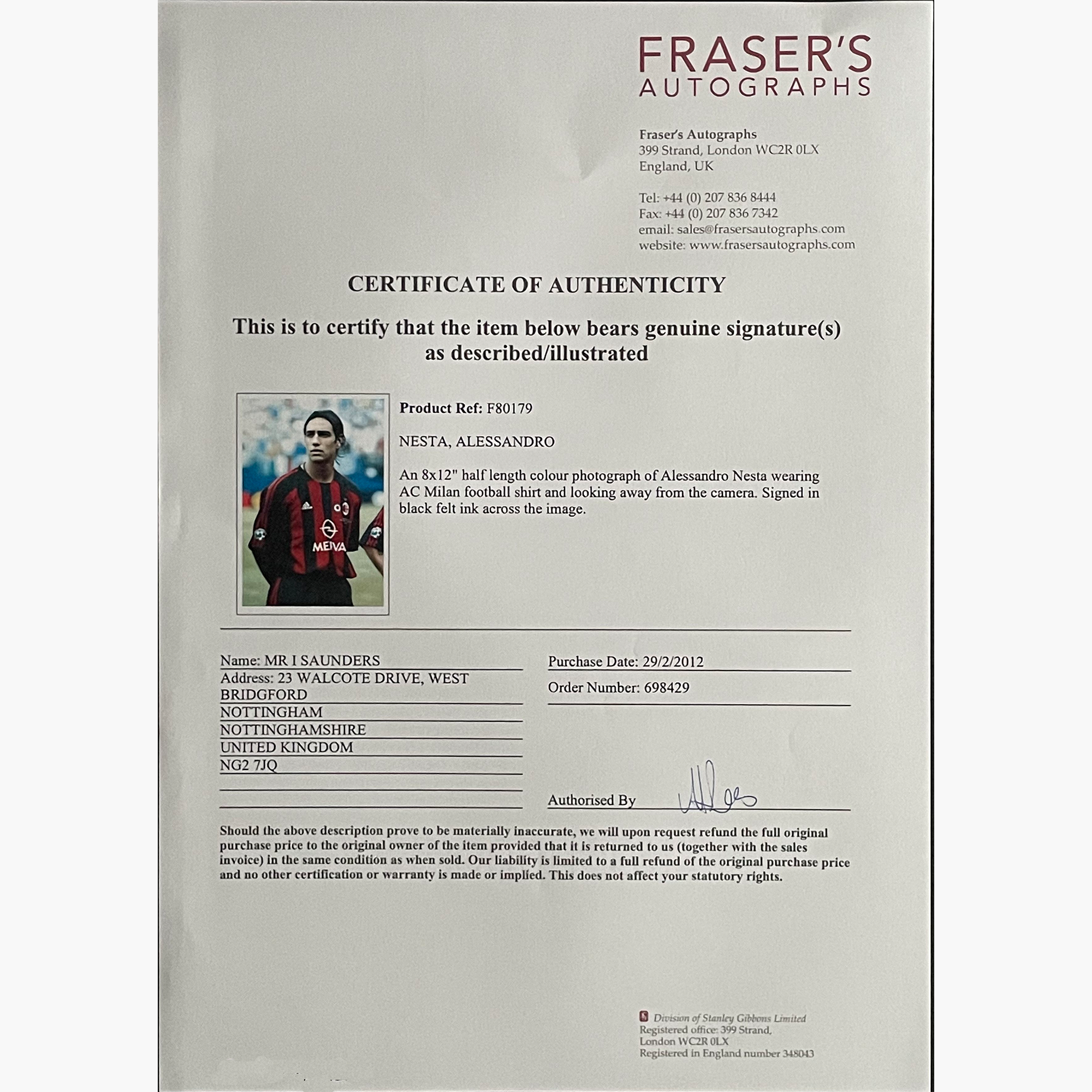 Alessandro Nesta - Signed 30cm x 20cm Colour Photo