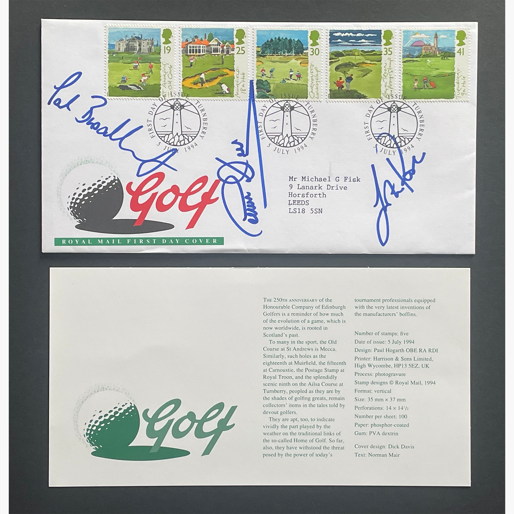 Peter Broadbent, Justin Rose & Eamonn Darcy – Signed 1994 “Golf” Royal Mail First Day Cover
