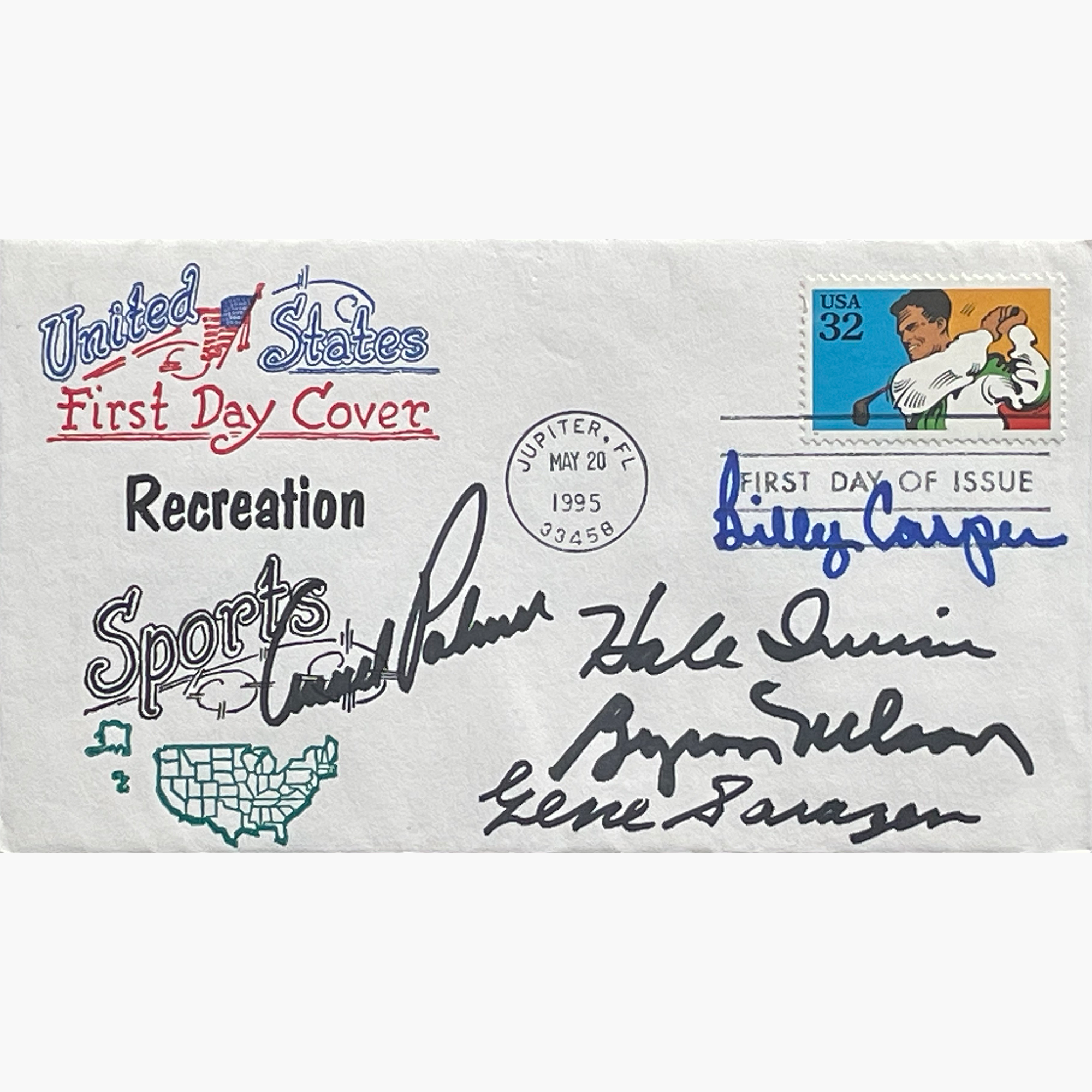 Byron Nelson, Hale Irwin, Billy Casper, Arnold Palmer & Gene Sarazen – Multi-Signed 1995 U.S. “Sports Recreation” First Day Cover
