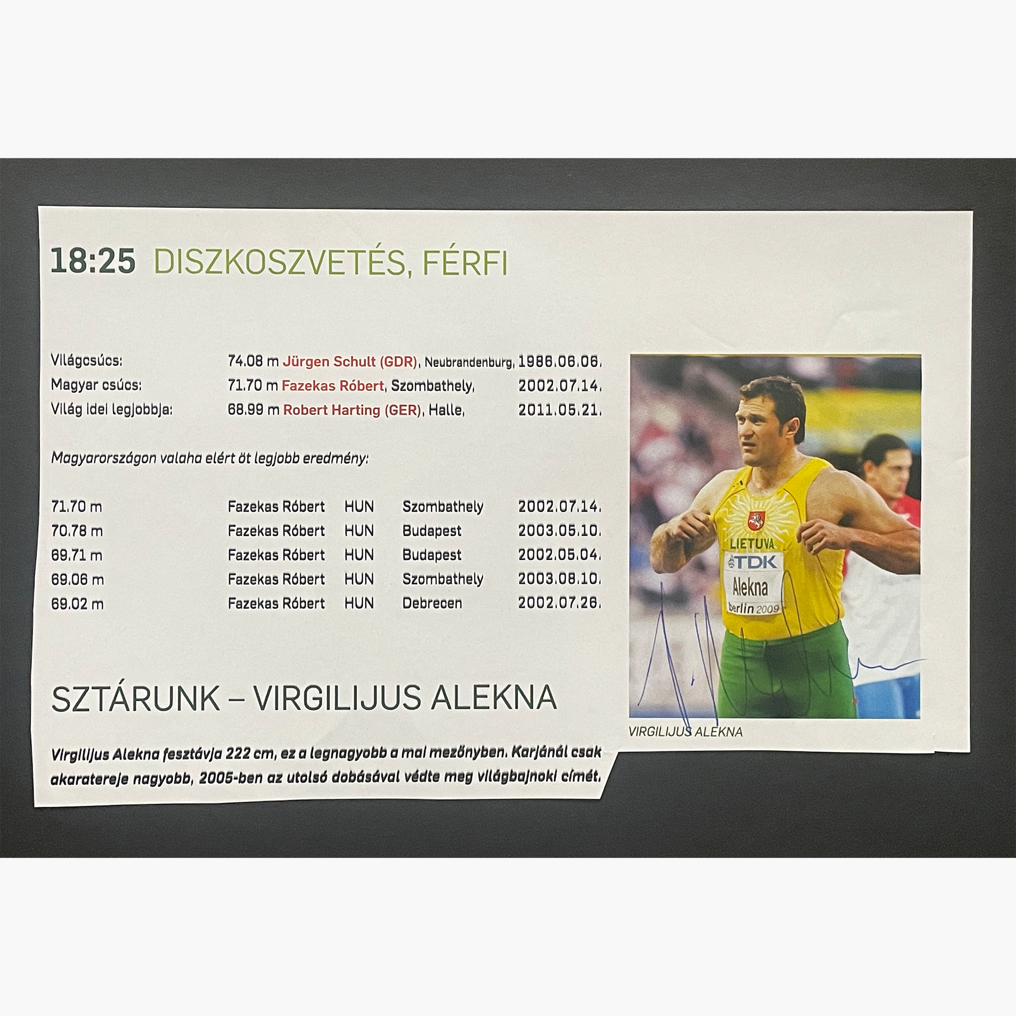 Virgilijus Alekna – Signed 20.2cm x 12.8cm Colour Magazine Picture