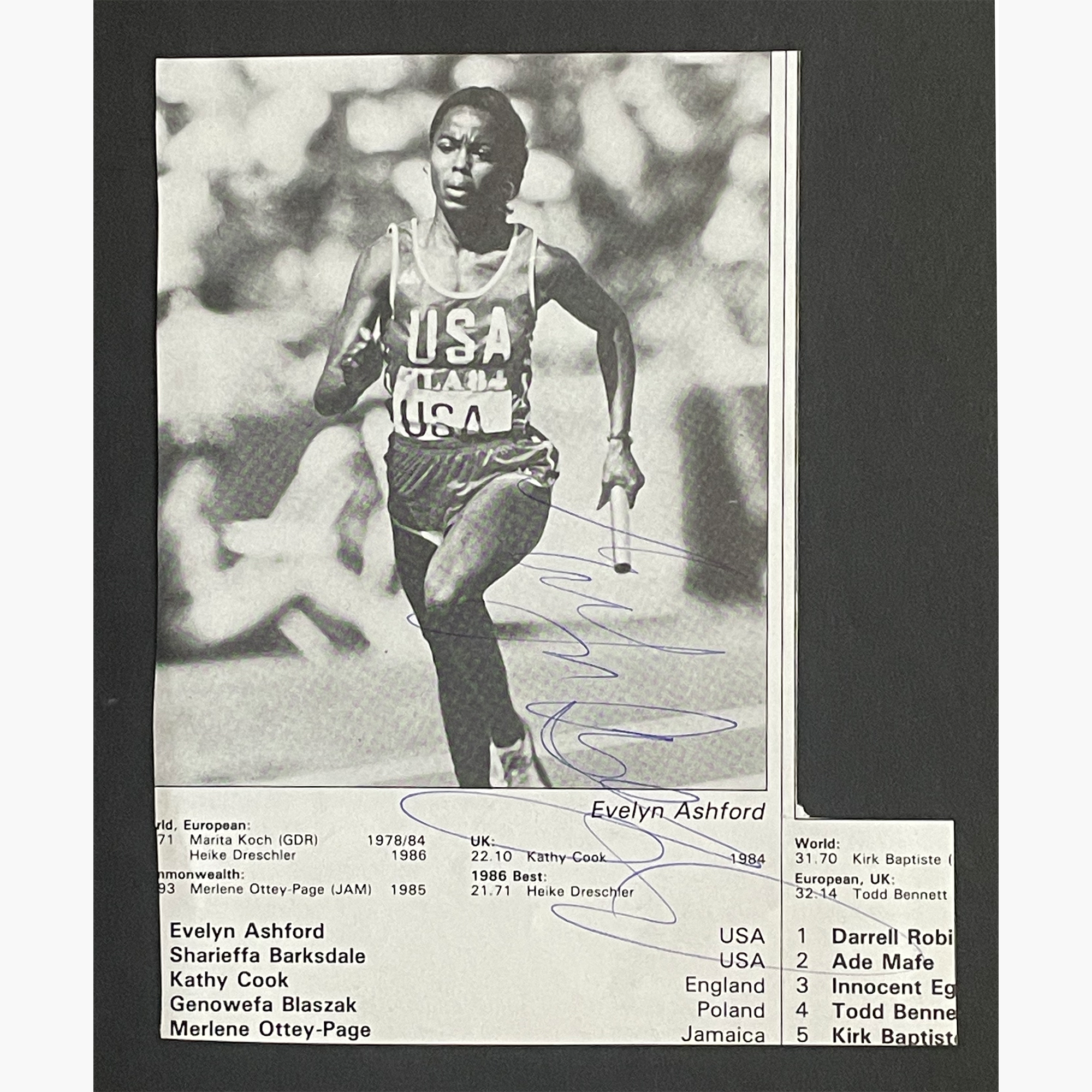 Evelyn Ashford – Signed 15cm x 11.5cm Black & White Action Magazine Picture