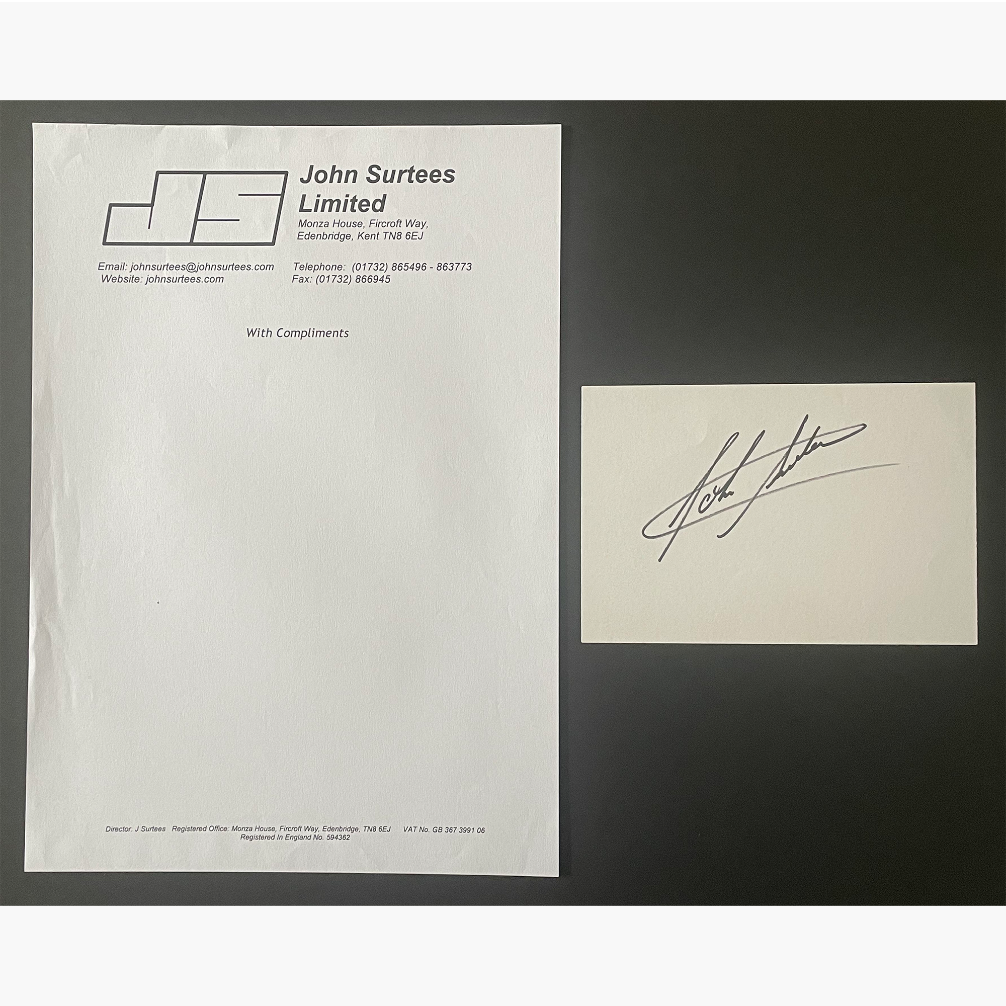 John Surtees – Signed 15.3cm x 10.5cm Plain White Card