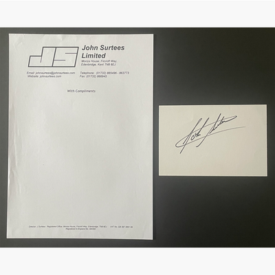 John Surtees – Signed 15.3cm x 10.5cm Plain White Card