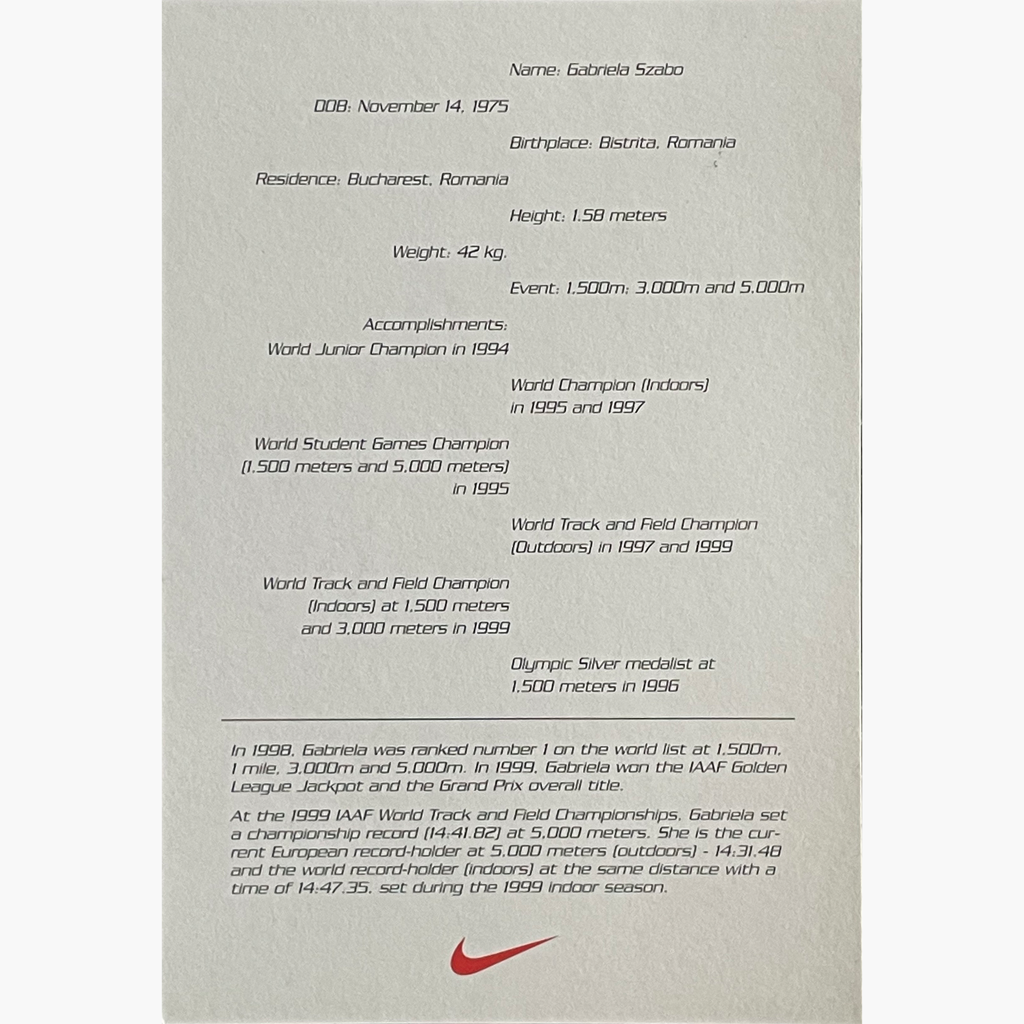 Gabriela Szabo – Signed 16cm x 11cm Official Nike Sponsor Card