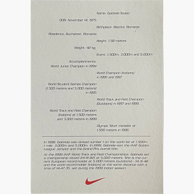 Gabriela Szabo – Signed 16cm x 11cm Official Nike Sponsor Card