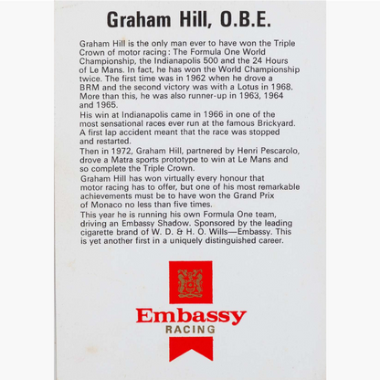 Graham Hill – Signed 6" x 4" Official Embassy Sponsored Card