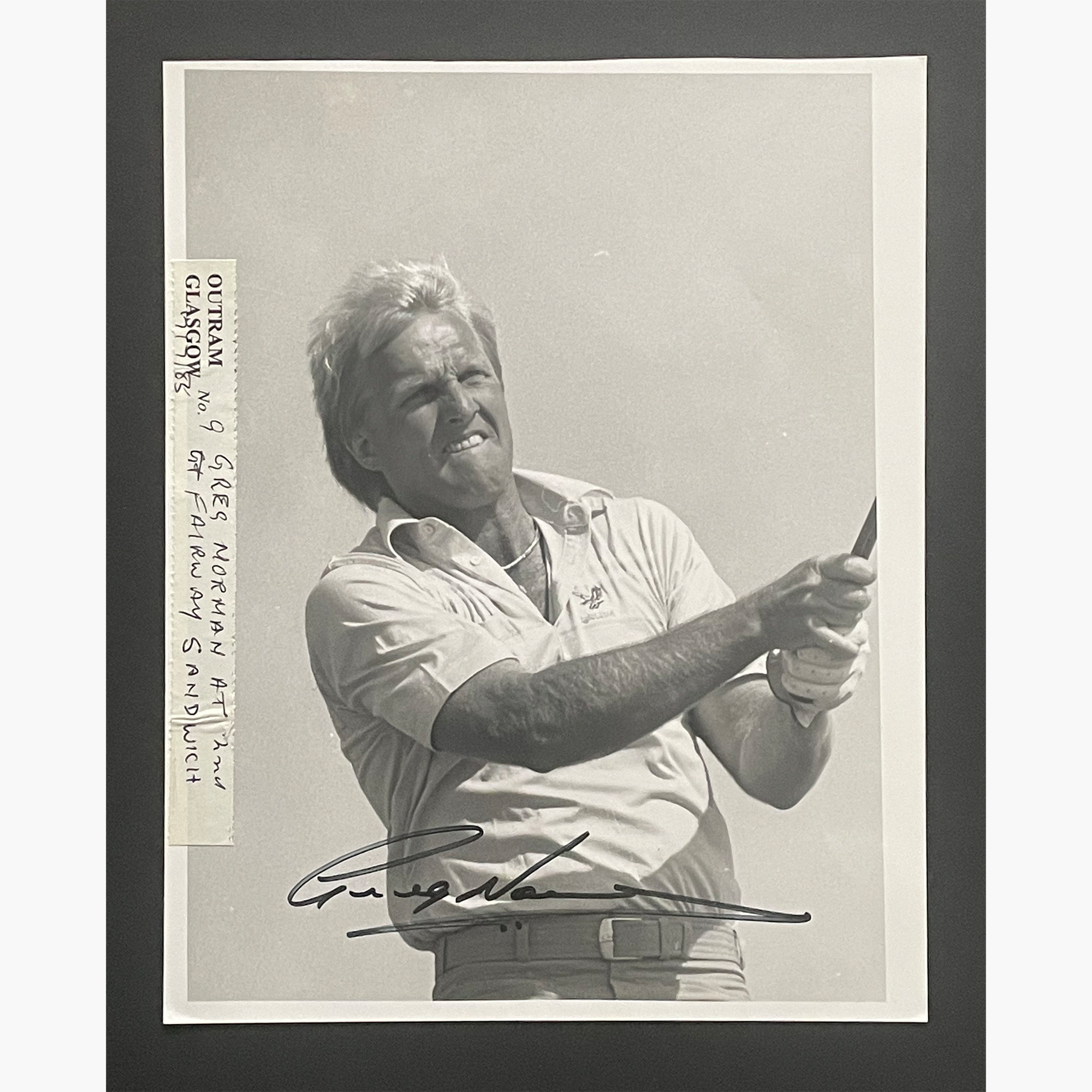 Greg Norman – Signed 21cm x 16.5cm Black & White Action Press Photo