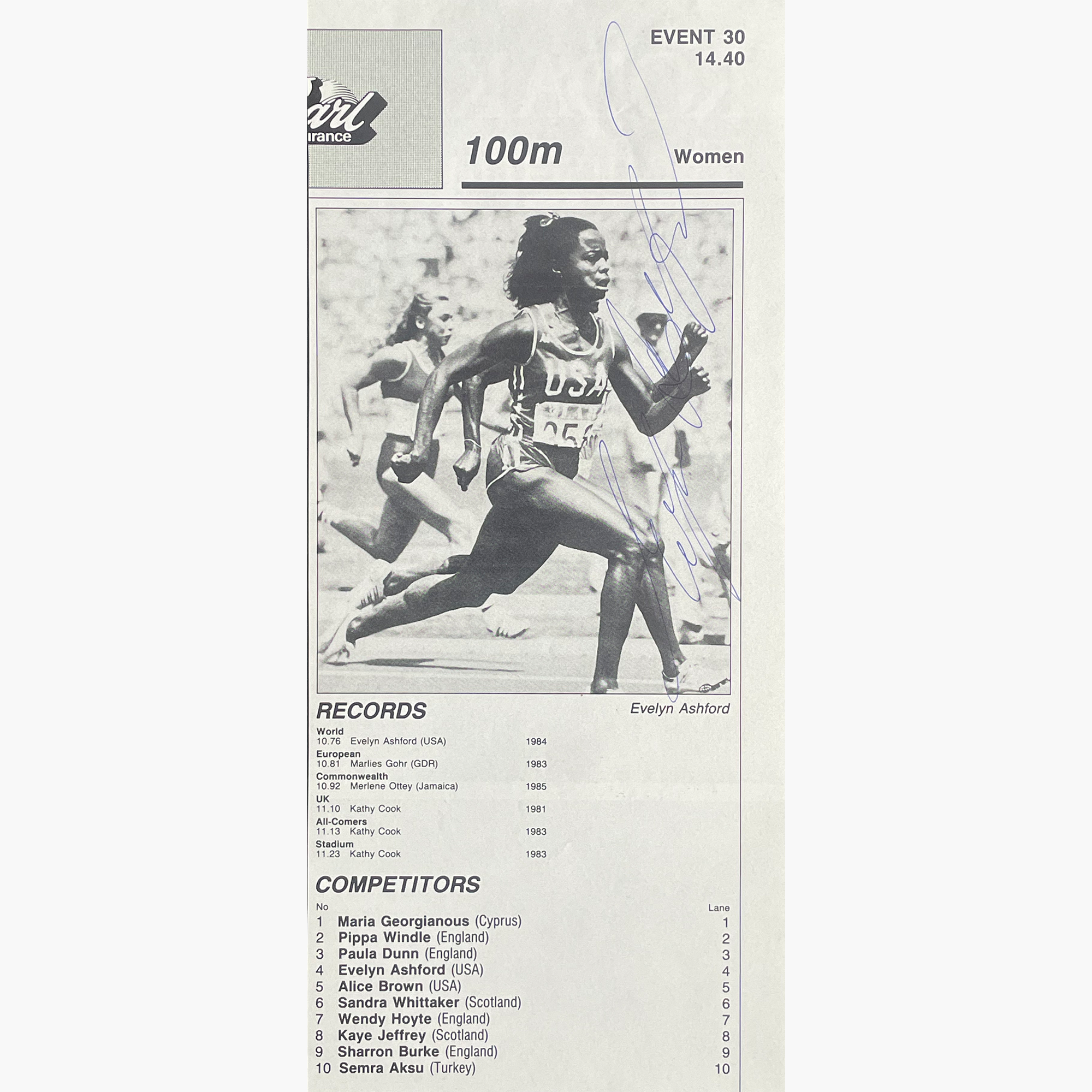 Evelyn Ashford – Signed 24cm x 10.7cm Black & White Action Magazine Picture