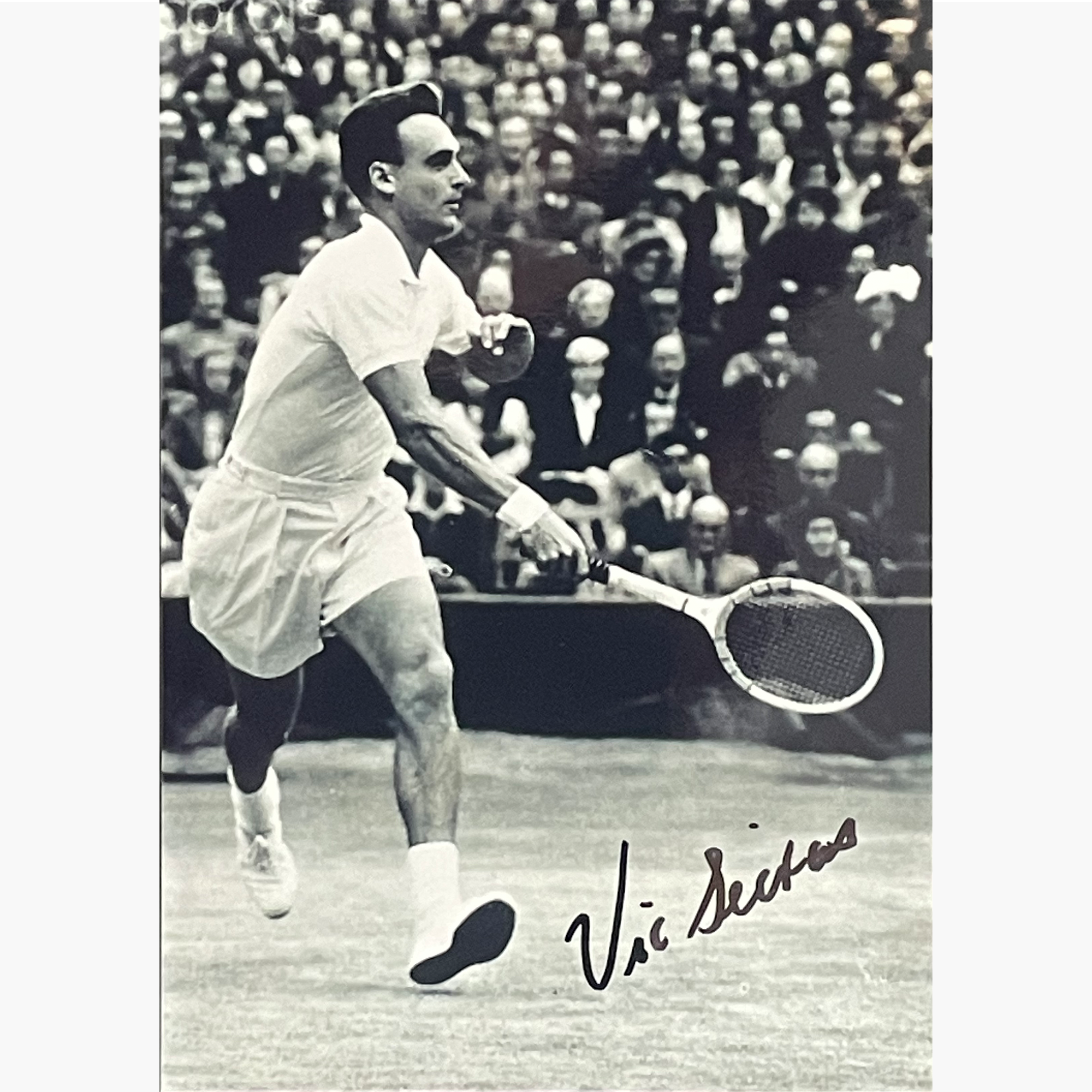 Vic Seixas - Signed 14.4cm x 10.1cm Black & White Action Photo