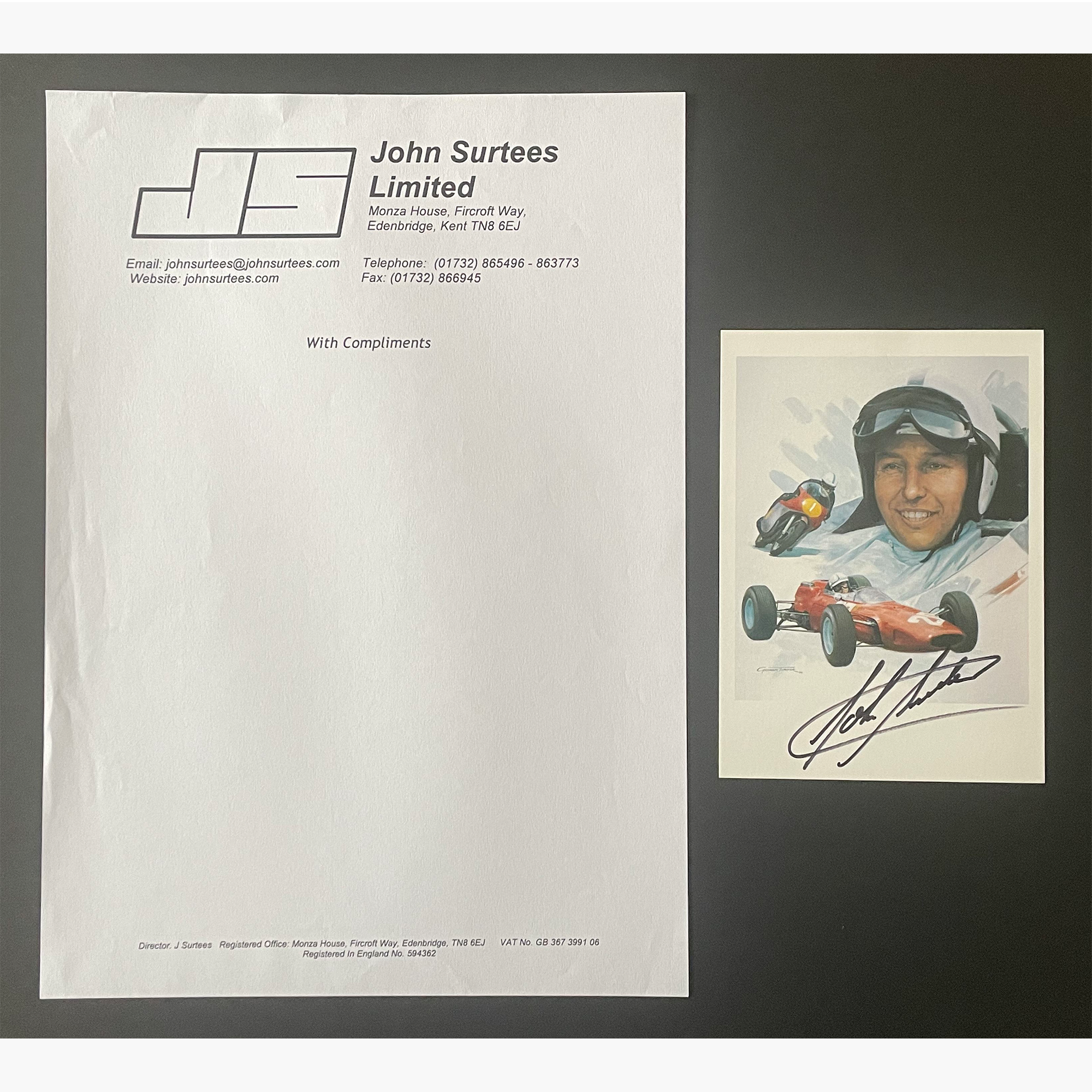 John Surtees – Signed 15cm x 10.89cm Colour Illustrated Card