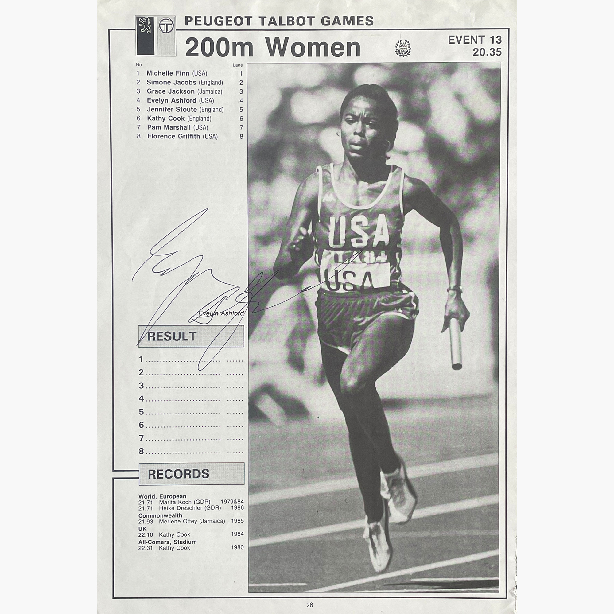 Evelyn Ashford – Signed 30cm x 20.5cm Black & White Action Magazine Picture