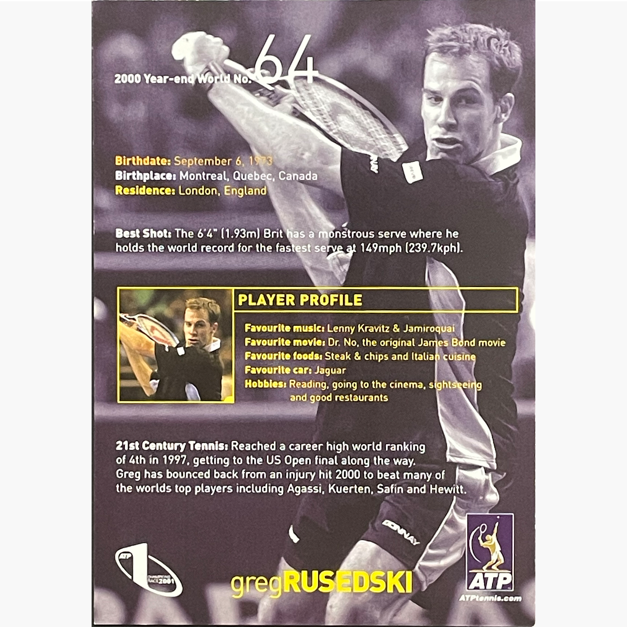 Greg Rusedski – Signed 15cm x 10.5cm Offical ATP Sponsor Card