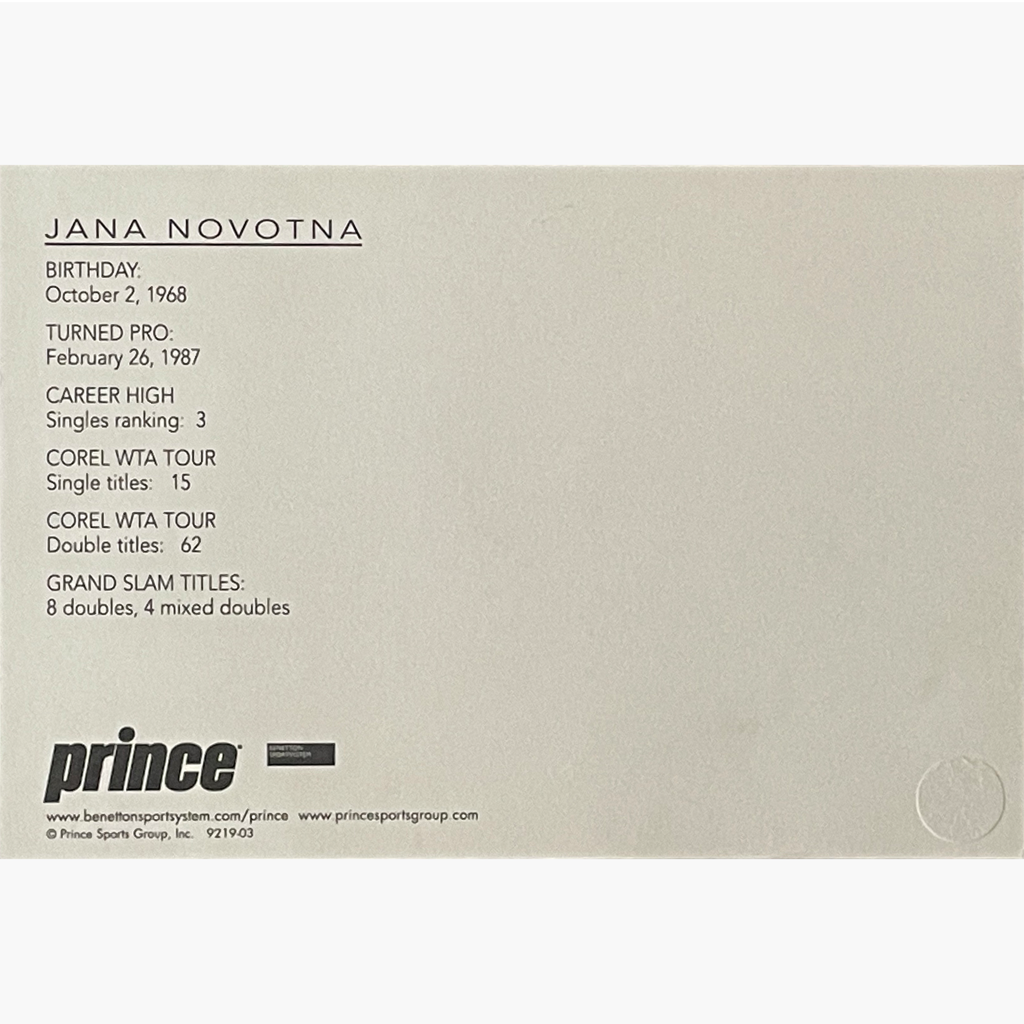 Jana Novotna - Signed 15.2cm x 10.5cm Official Prince Sponsor Card