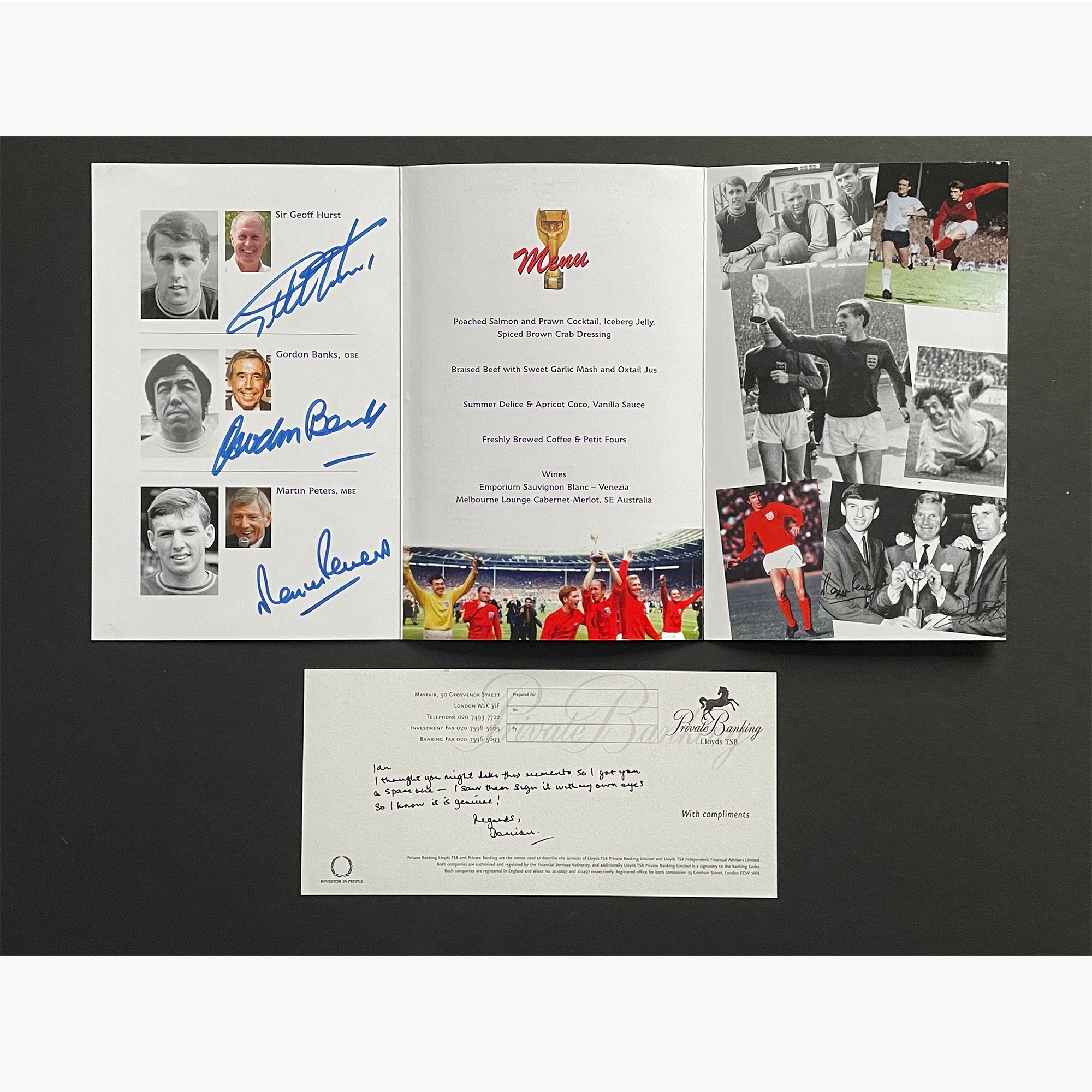 England 1966 Legends – Signed Event Menu (Banks, Hurst, Peters)