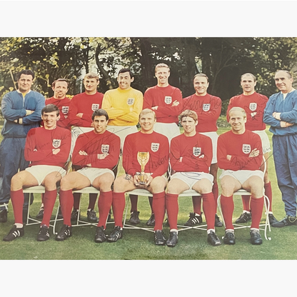 England 1966 World Cup Winners – Signed & Framed Esso Poster with 3 x World Cup Willie Cameo Stamp FDCs