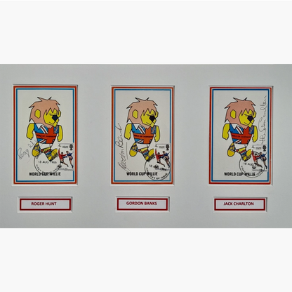 England 1966 World Cup Winners – Signed & Framed Esso Poster with 3 x World Cup Willie Cameo Stamp FDCs