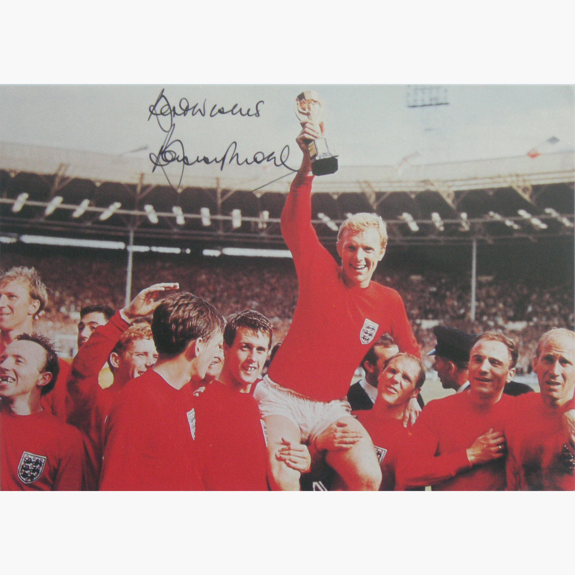 Bobby Moore Signed England 1966 Celebration Photo – Colour Action Shot