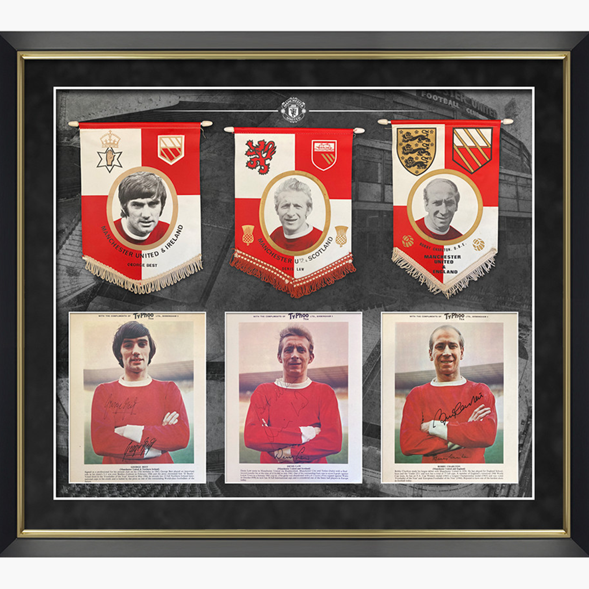 The United Trinity Signed Display With Original Pennants – Best, Law & Charlton