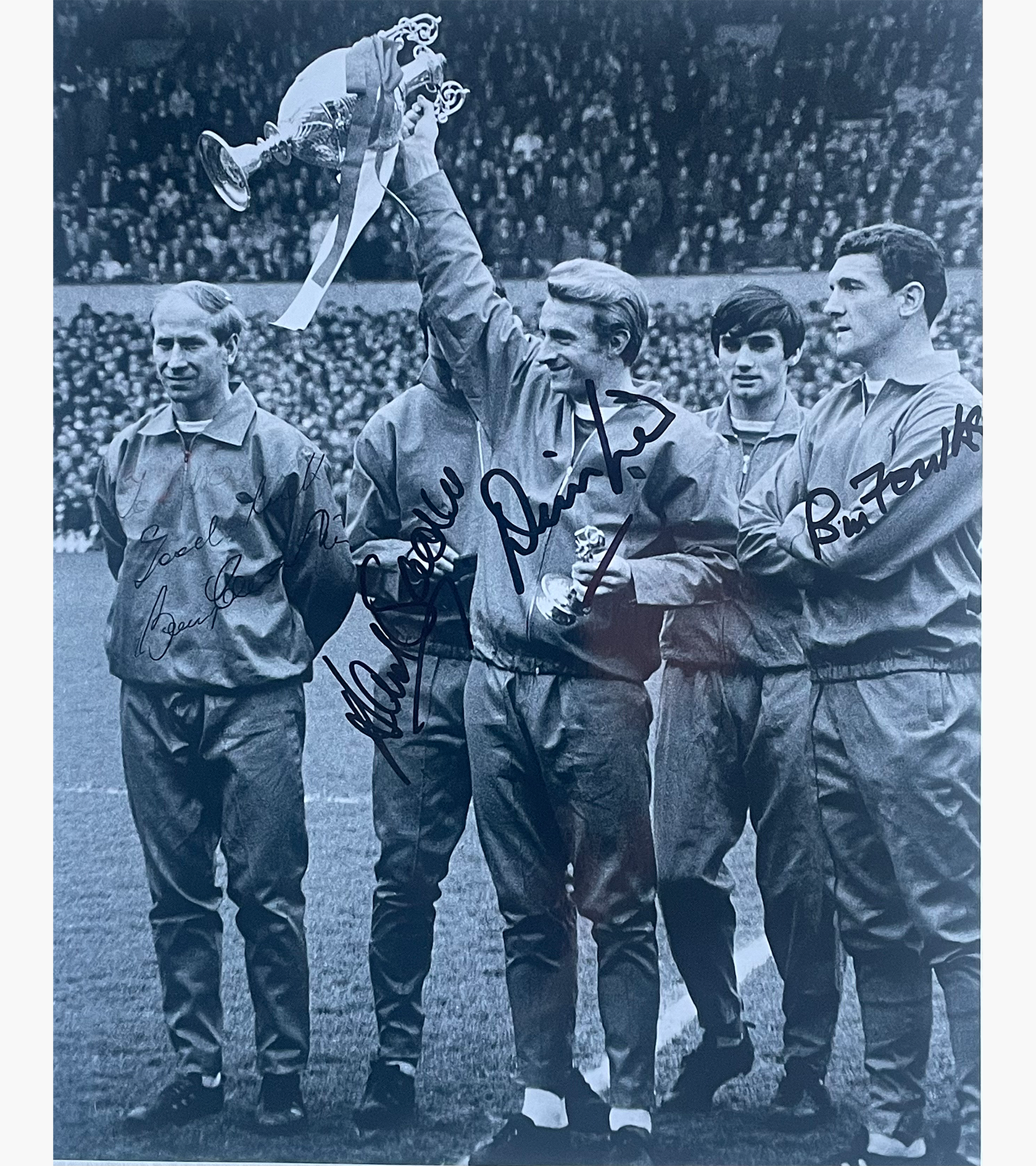 Bobby Charlton, David Sadler, Bill Foulkes & Denis Law – Signed 25.3cm x 20.2cm Black & White Photo