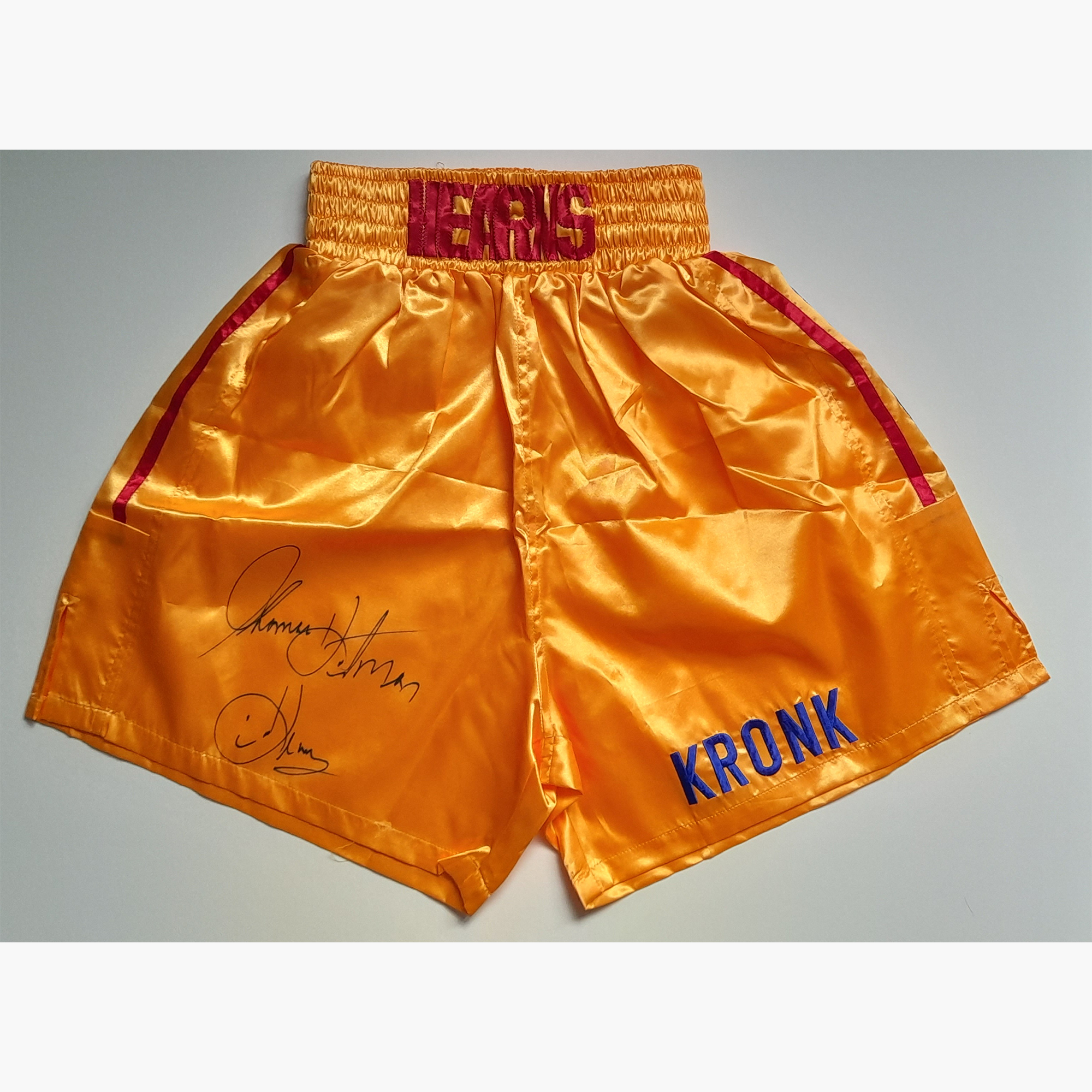Thomas “Hitman” Hearns Signed Boxing Trunks – Kronk Gold Satin with Autograph