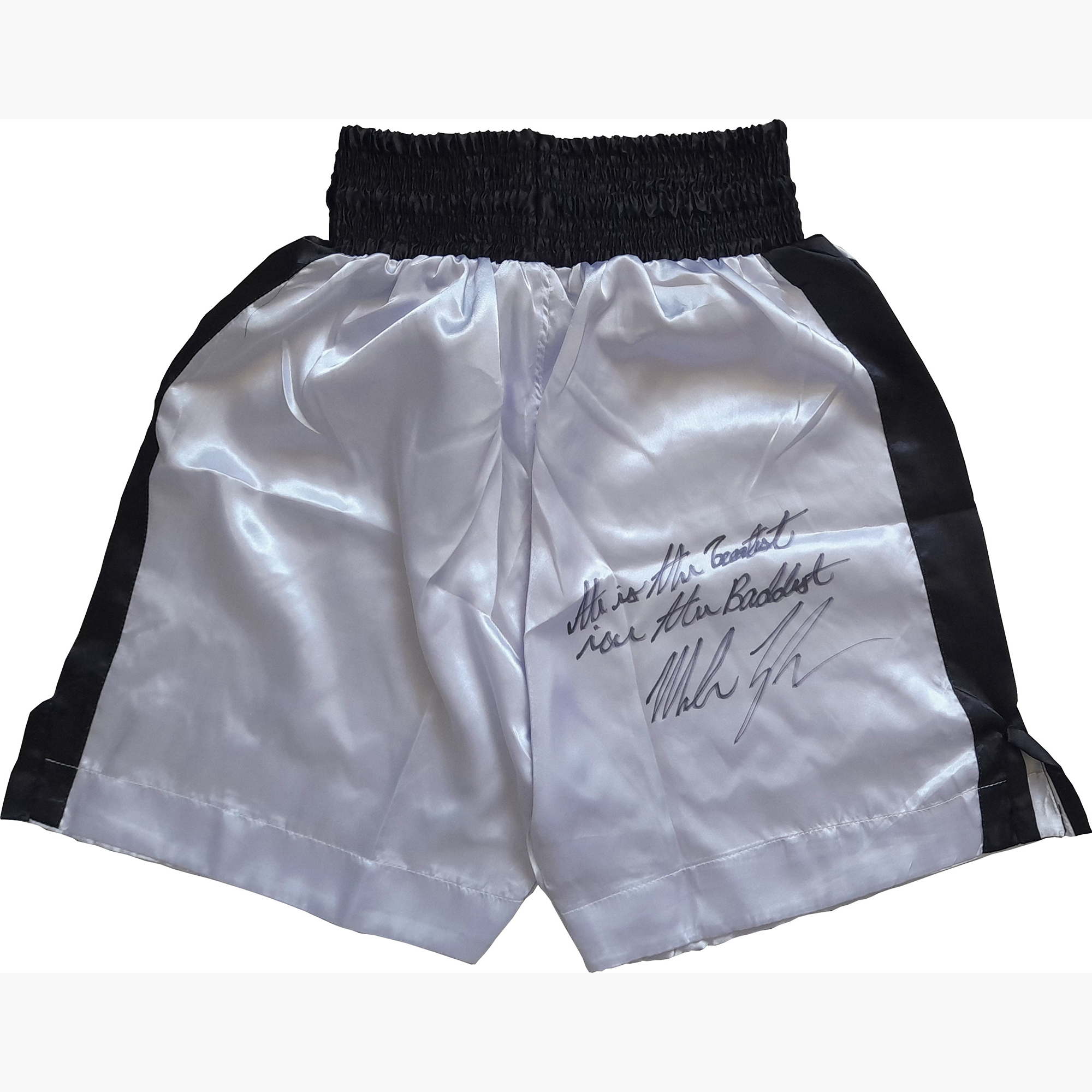 Mike Tyson Signed Boxing Trunks – “Ali is the Greatest, I’m the Baddest” Inscription