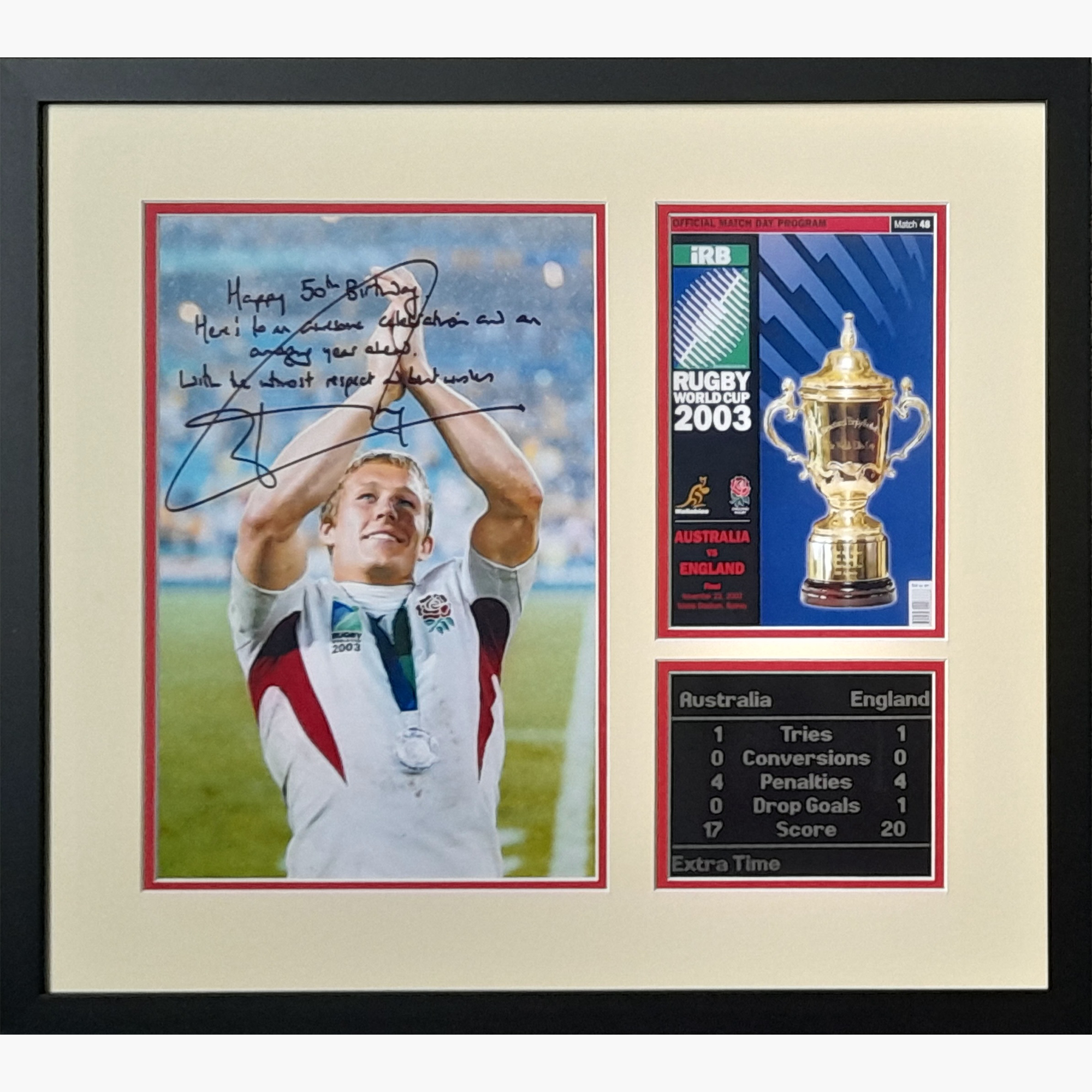 Jonny Wilkinson Signed Display – 2003 World Cup Final, Dedicated 50th Birthday Message