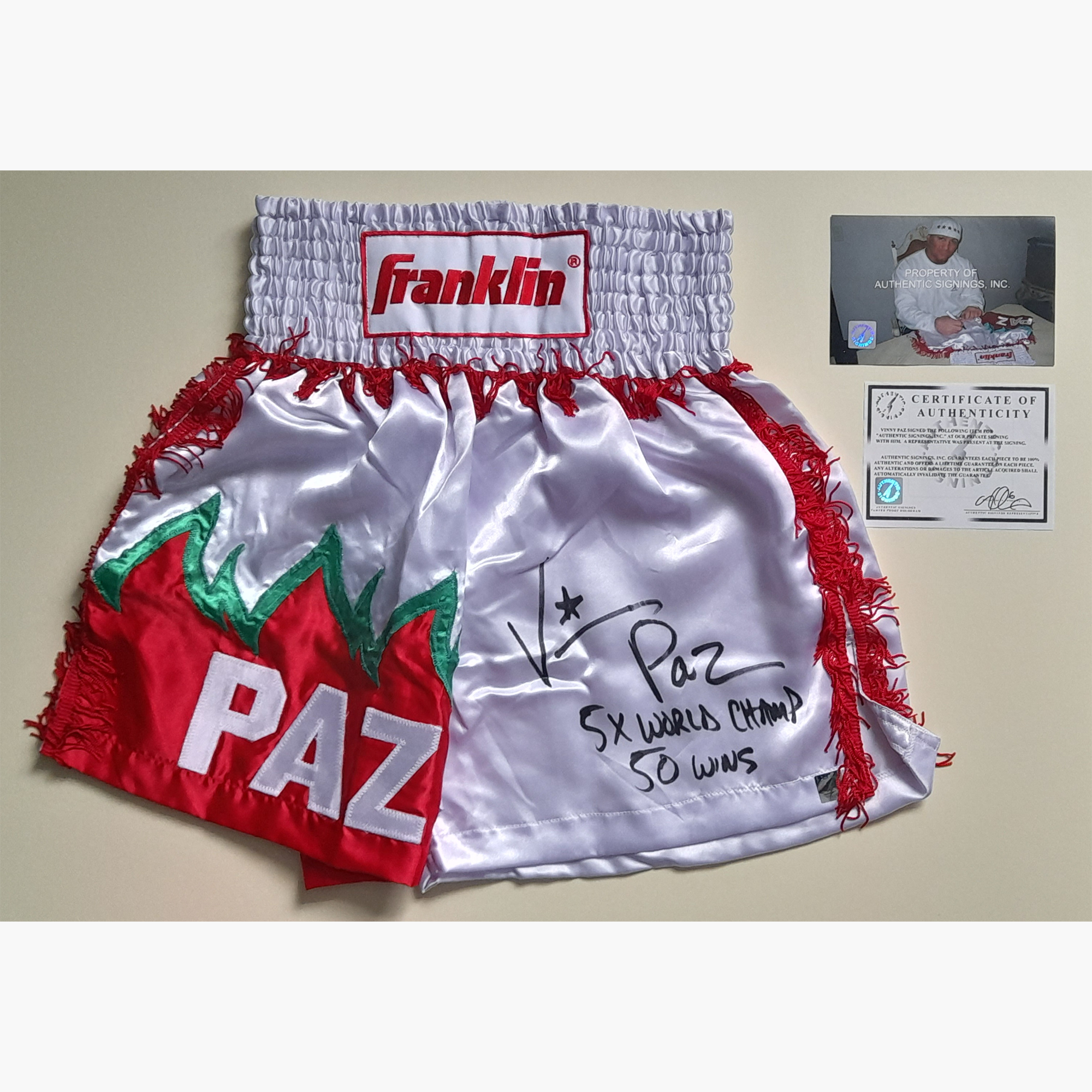 Vinnie Paz Signed Boxing Trunks – “5X World Champ / 50 Wins” Inscription