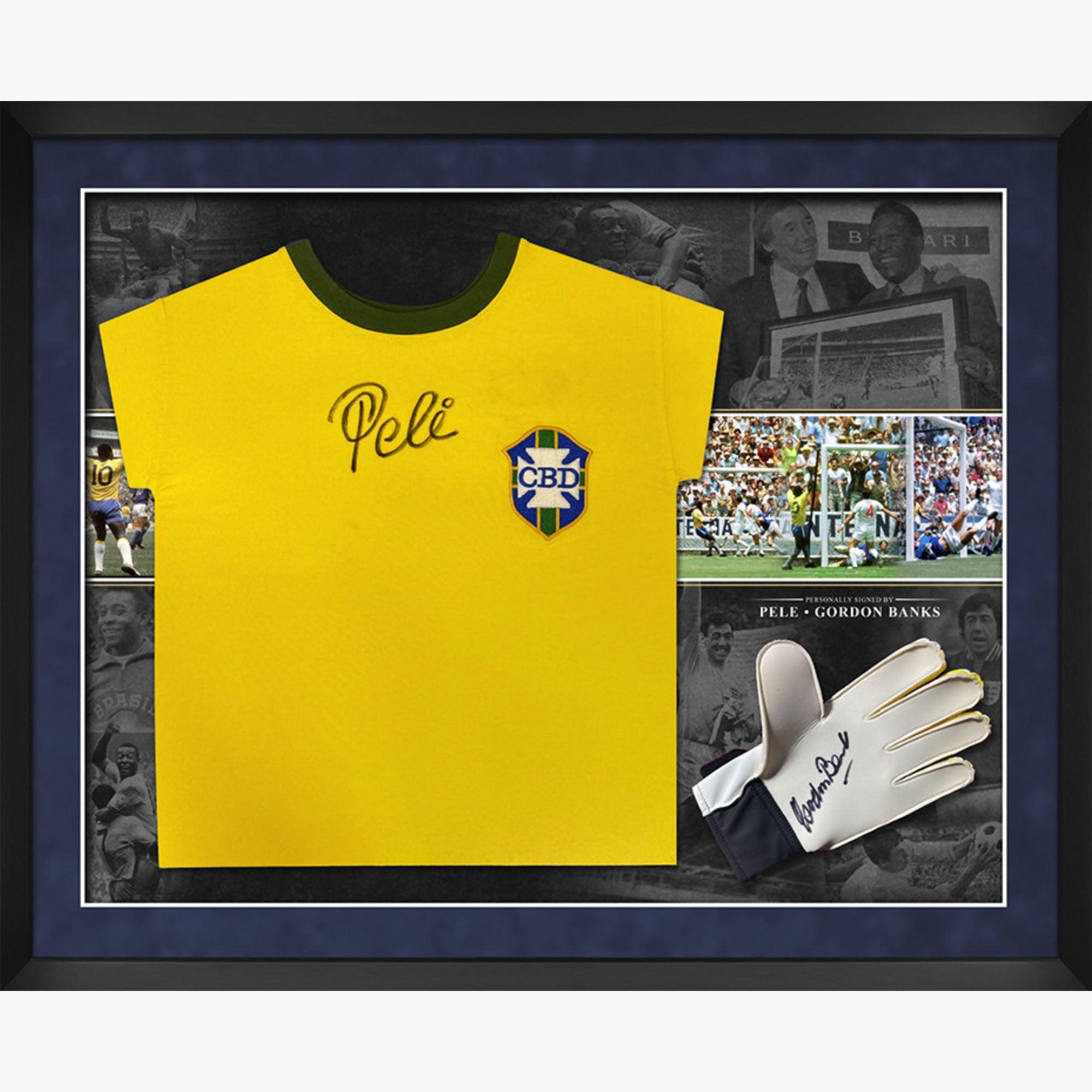 Pele Brazil and Gordon Banks England Signed Shirt Glove Display Mexico 1970 World Cup