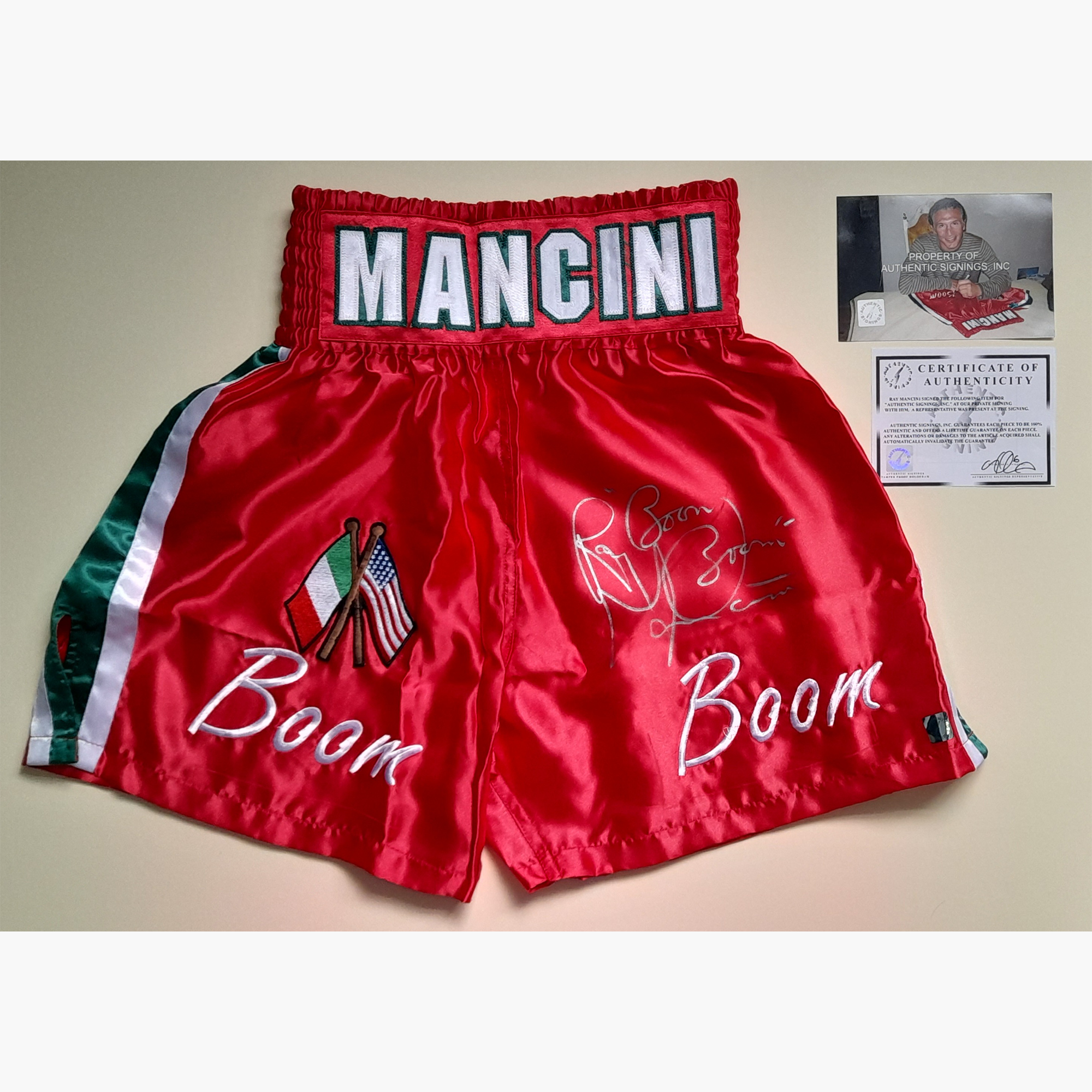 Ray “Boom Boom” Mancini Signed Boxing Trunks – Red Satin with American & Italian Flag Design
